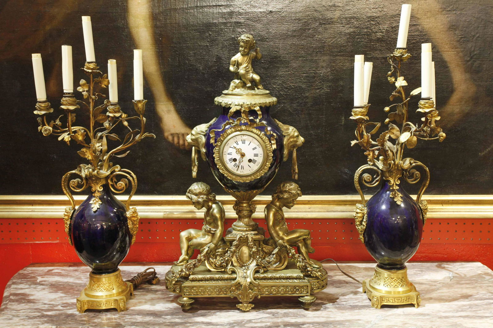 19th Century French Cobalt Blue Porcelain Sevres Clock Set (1 of 6)