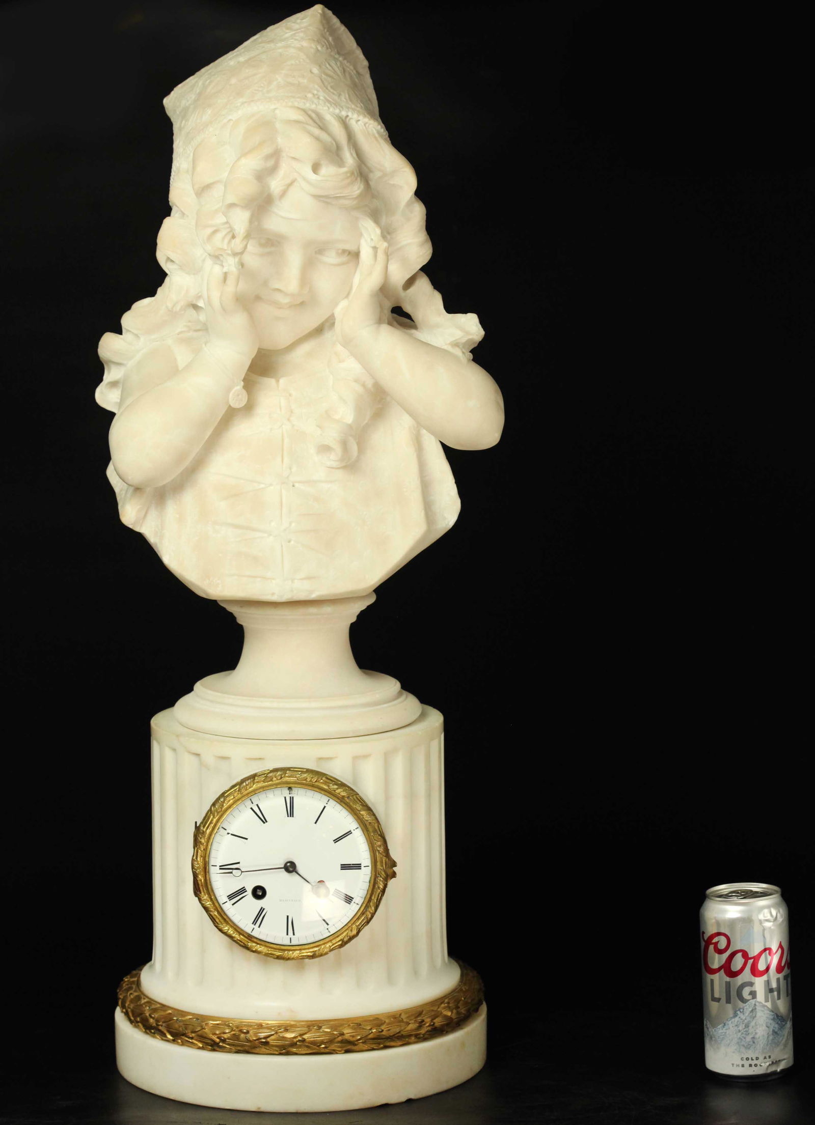 Antique marble mantel clock with Italian antique alabaster bust of a young girl by Emilio Fiaschi: Antique marble mantel clock with Italian antique alabaster bust of a young girl by Emilio Fiaschi (1858-1941), signed, working condition, W: 13 inches, D: 11 inches, H: 30 inches