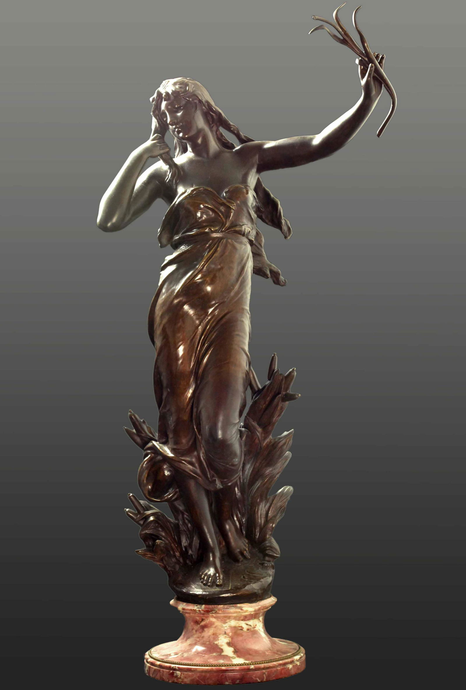 19th century bronze sculpture on rouge marble base by Eugene Marioton (1854-1933): 19th century bronze sculpture on rouge marble base by Eugene Marioton (1854-1933), signed "Eug. marioton", H: 36 inches, W: 17 inches, D: 9 inches