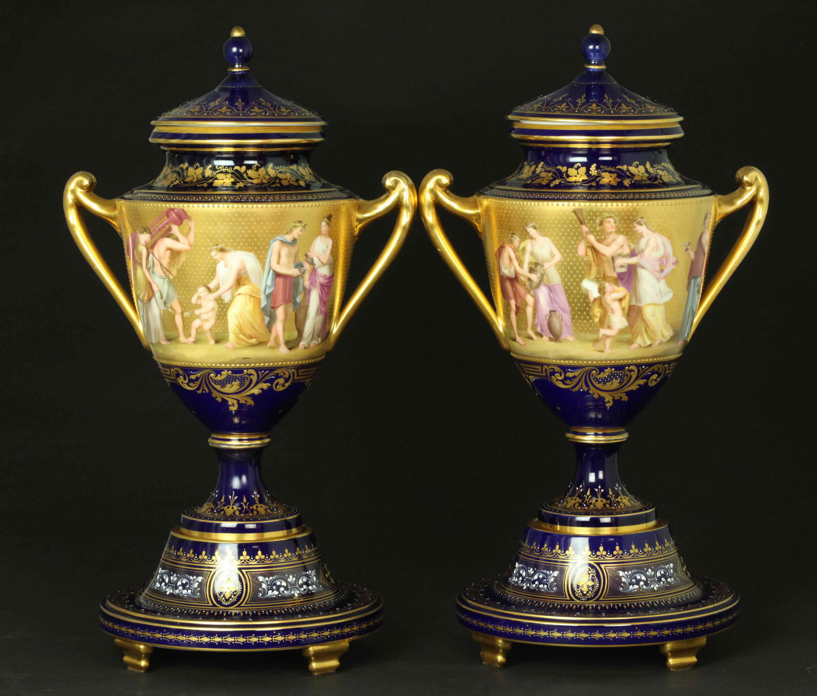 Pair 19th century blue royal Vienna porcelain lidded vases, signed (1 of 8)