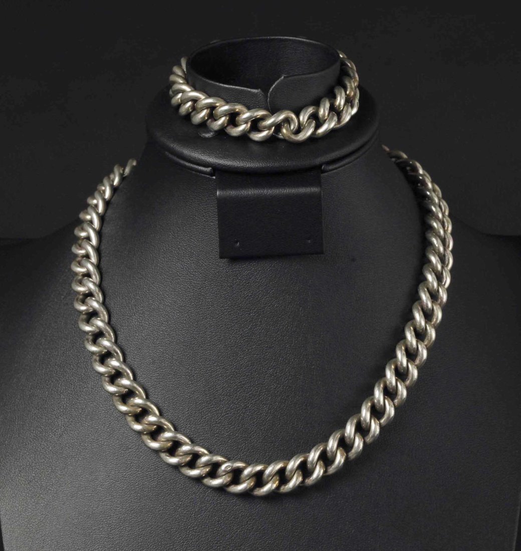 Antique sterling silver link chain and bracelet, two pieces (1 of 5)