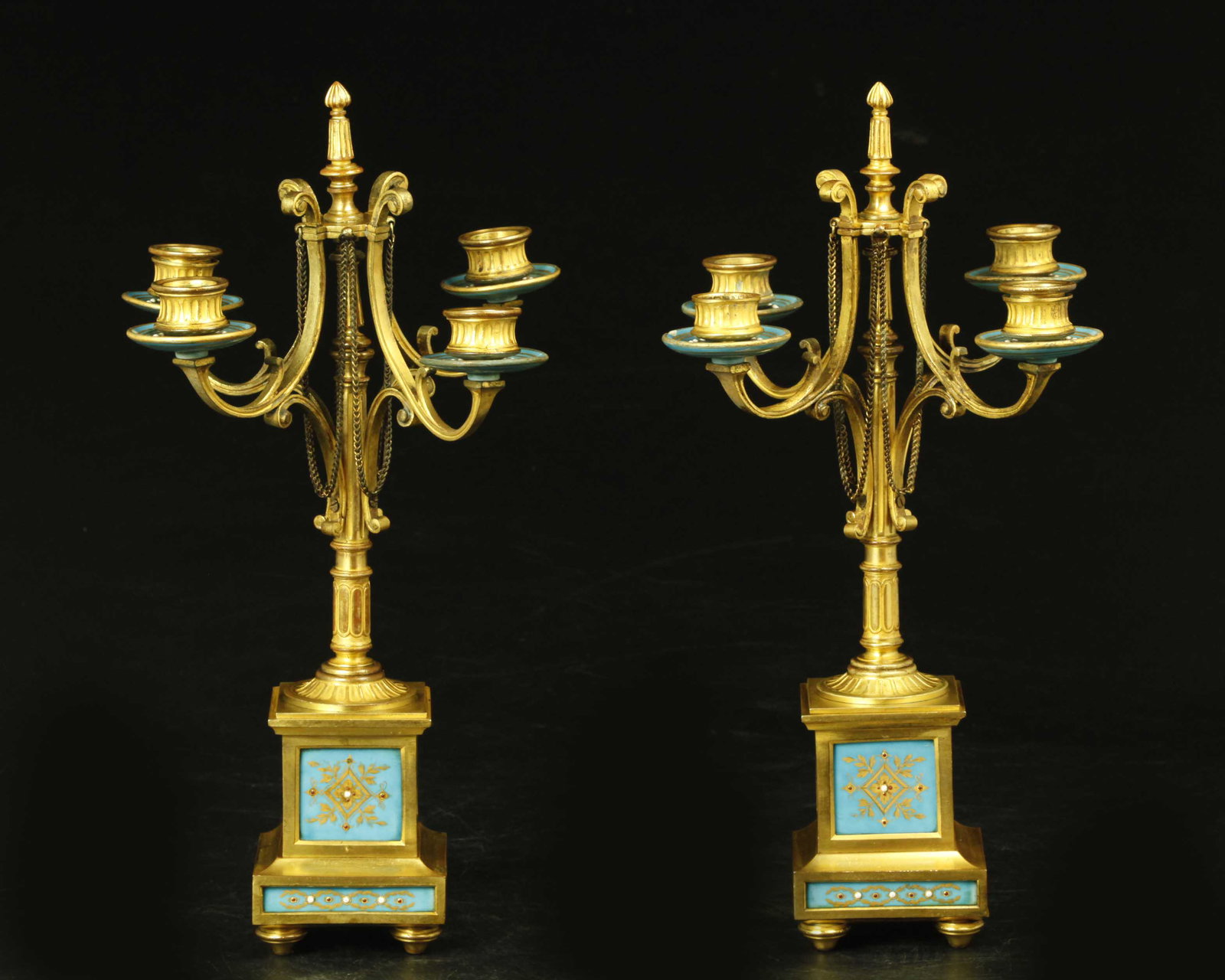 Pair of antique French gilt bronze and enamel candelabras,: Pair of antique French gilt bronze and enamel candelabras, very good quality, W: 8 inches, H: 16 inches.