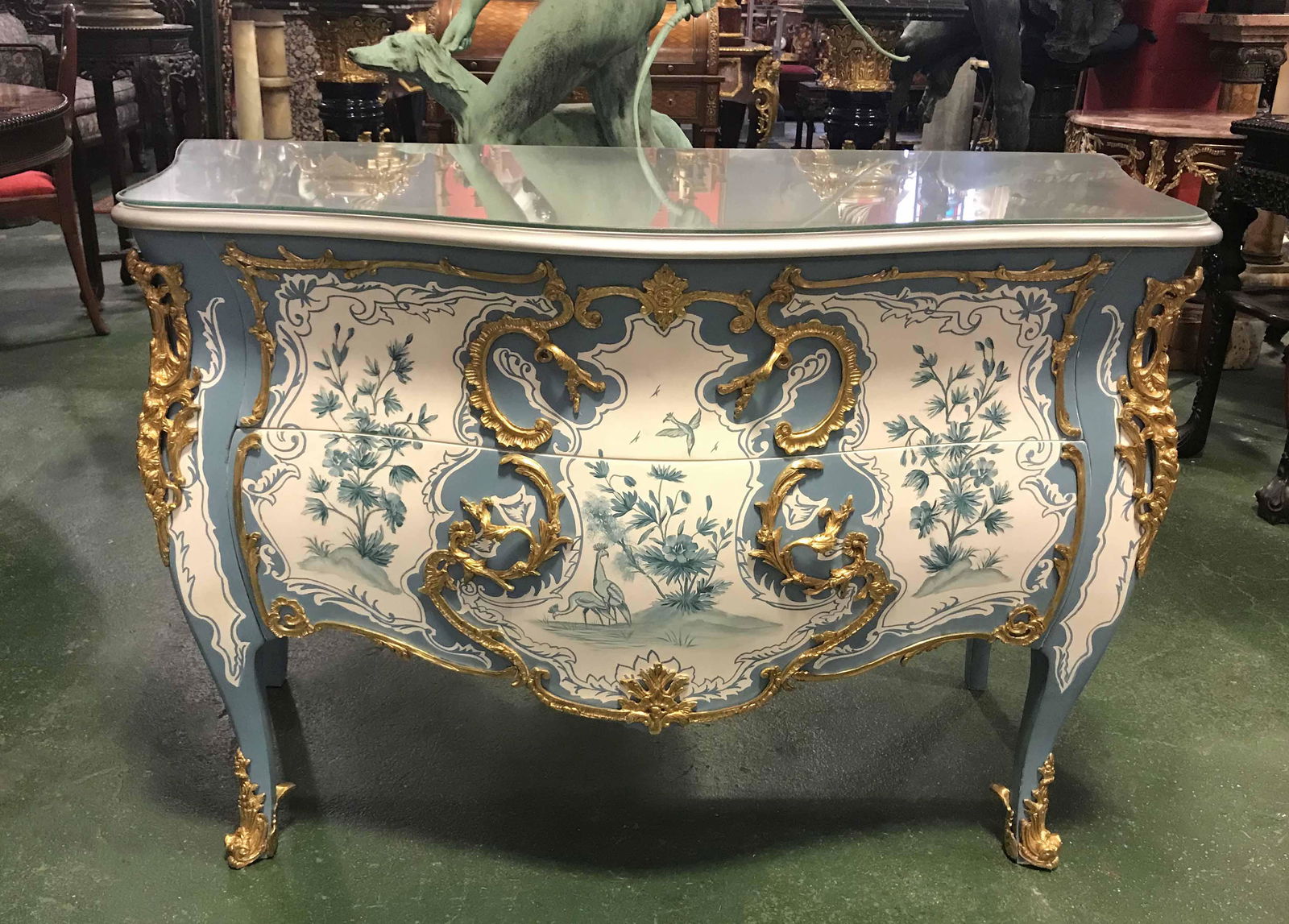 Louis 15 style hand painted two-drawer bronze mounted commode, W: 43 inches (1 of 9)