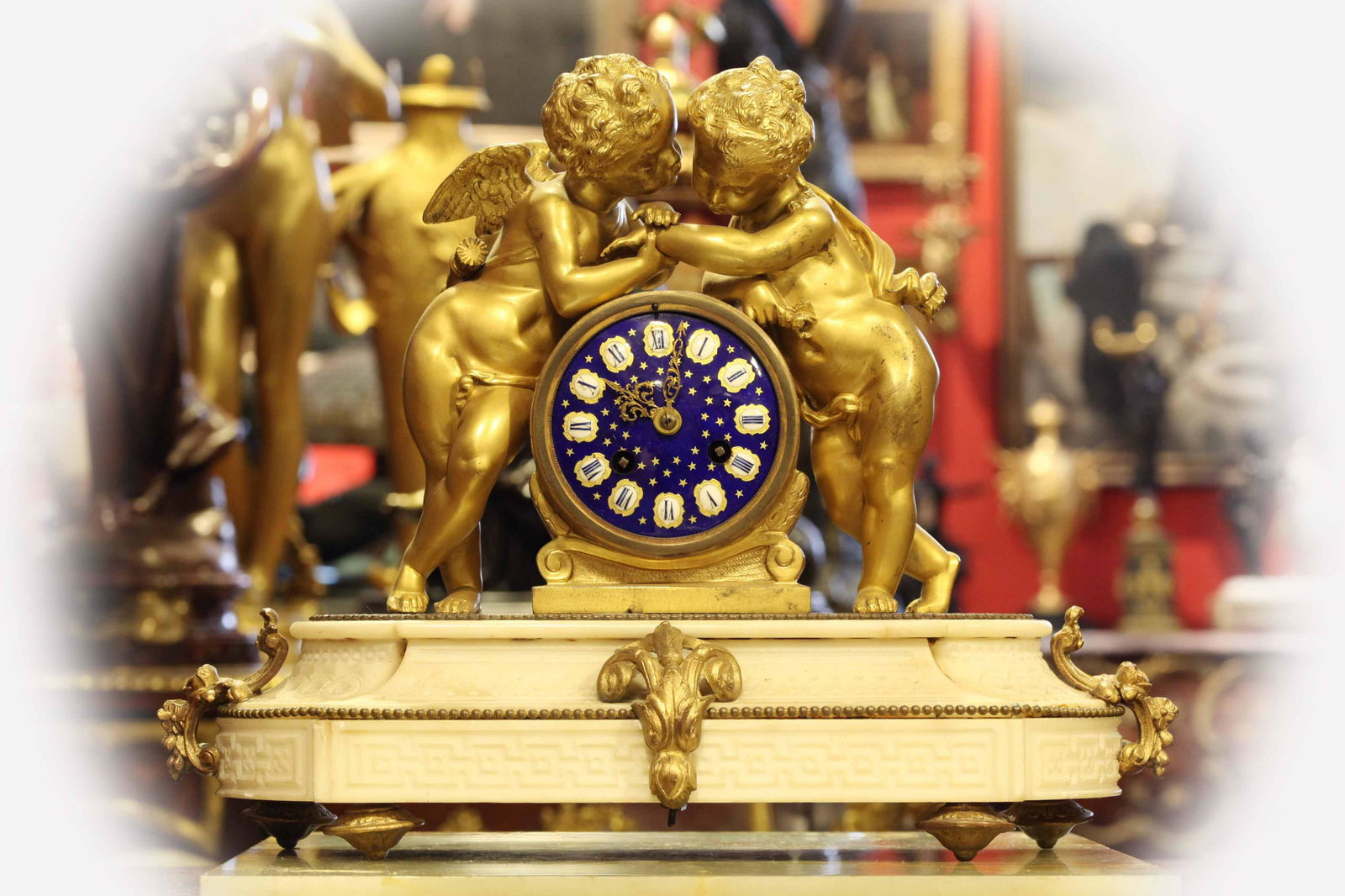 19th C French Dore Bronze & Carrara Marble Figural Mantel Clock,Signed "J.V.&FILS BREVETES S.G.D.G (1 of 10)