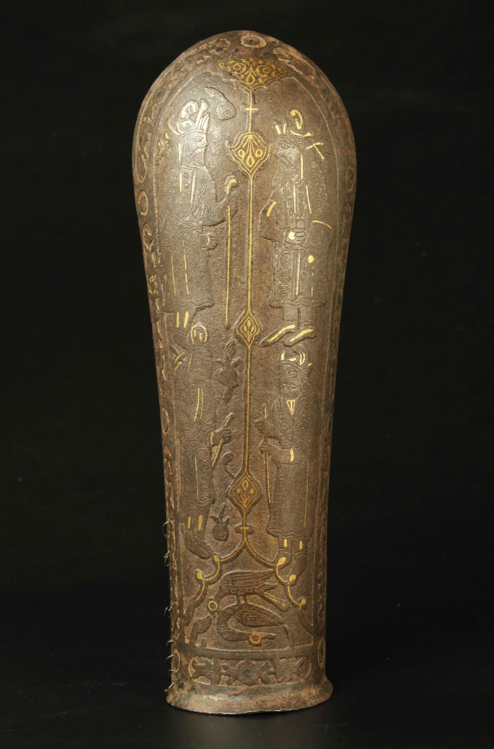 Old rare Persian warrior arm guard.: The arm guard bears hand engraved birds and warriors to invoke Gods power and blessing to win battle. The entire surface of arm guard an elaborate chiseled engraving with Gold over its entire surface