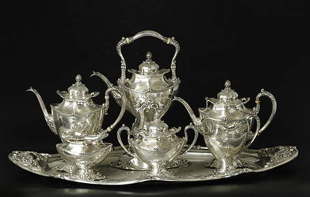 Antique Reed & Barton sterling silver 7 pieces coffee and tea set, marked "Reed & Barton sterling" (1 of 15)