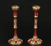 Pair of heavy bronze candle stick decorated with red enamel and rhinestones