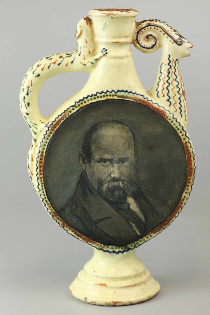 Glazed terracotta Ukrainian wine flask hand painted signed "Leschenko": 1907 museum piece, glazed terracotta Ukrainian wine flask hand painted signed "Leschenko", good condition, W: 6.5 inches, H: 11.5 inches, D: 3.75 inches