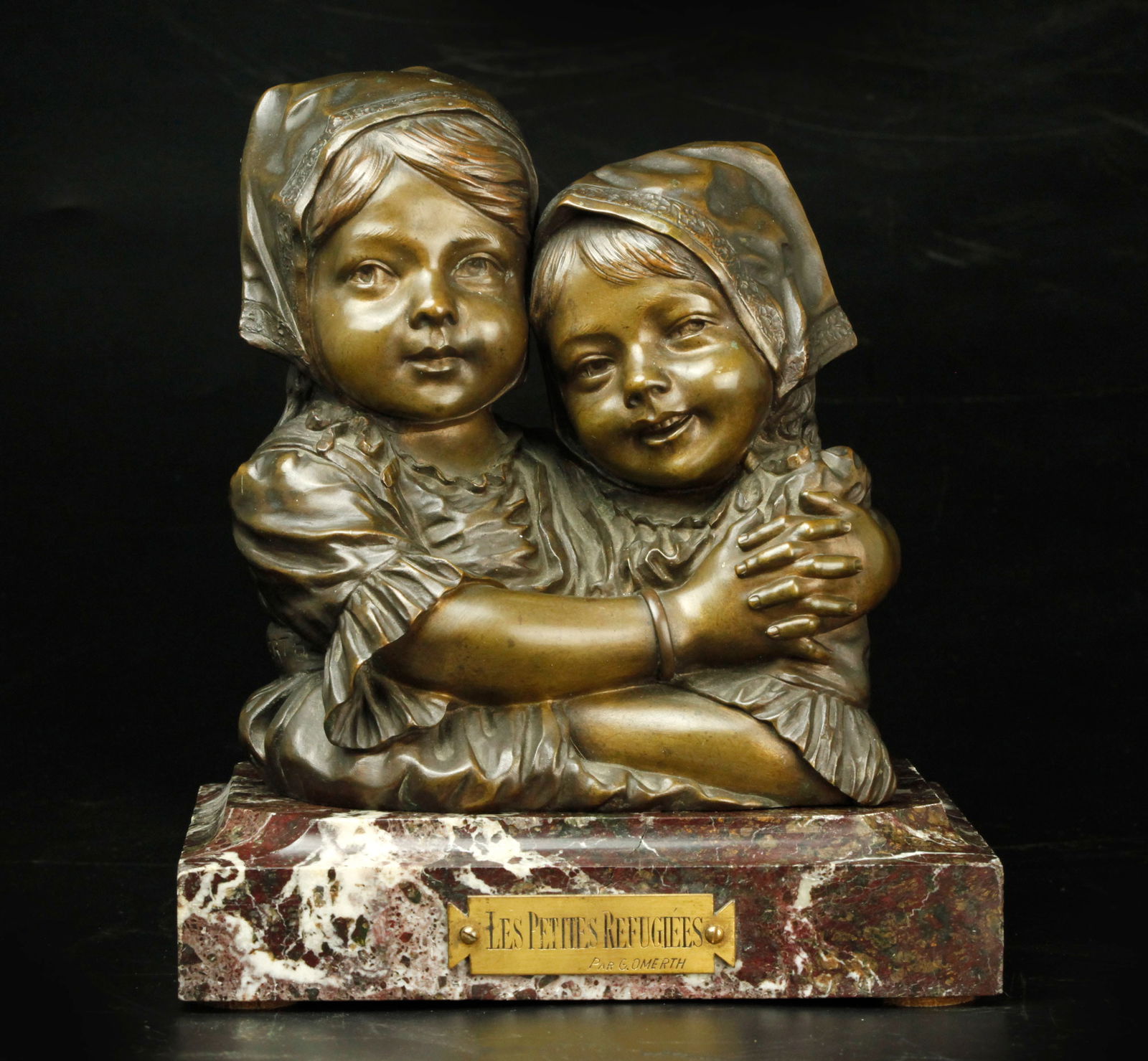 Antique bronze sculpture on rouge marble base, entitled " Les Petites Refugiees PAR G. OMERTH ", (1 of 7)
