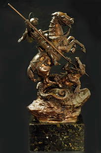 19th century Austrian bronze sculpture of St. George and the dragon, signed: 19th century Austrian bronze sculpture of St. George killing a dragon on marble base, signed "C.Jhenn." Good condition. H: 19 inches, W: 11 inches