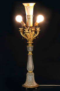 19th century Dore bronze, baccarat crystal and quazel shade lamp, signed,: 19th century Dore bronze, baccarat crystal and quazel shade lamp, signed, good working condition. H: 33 inches, W: 7 inches