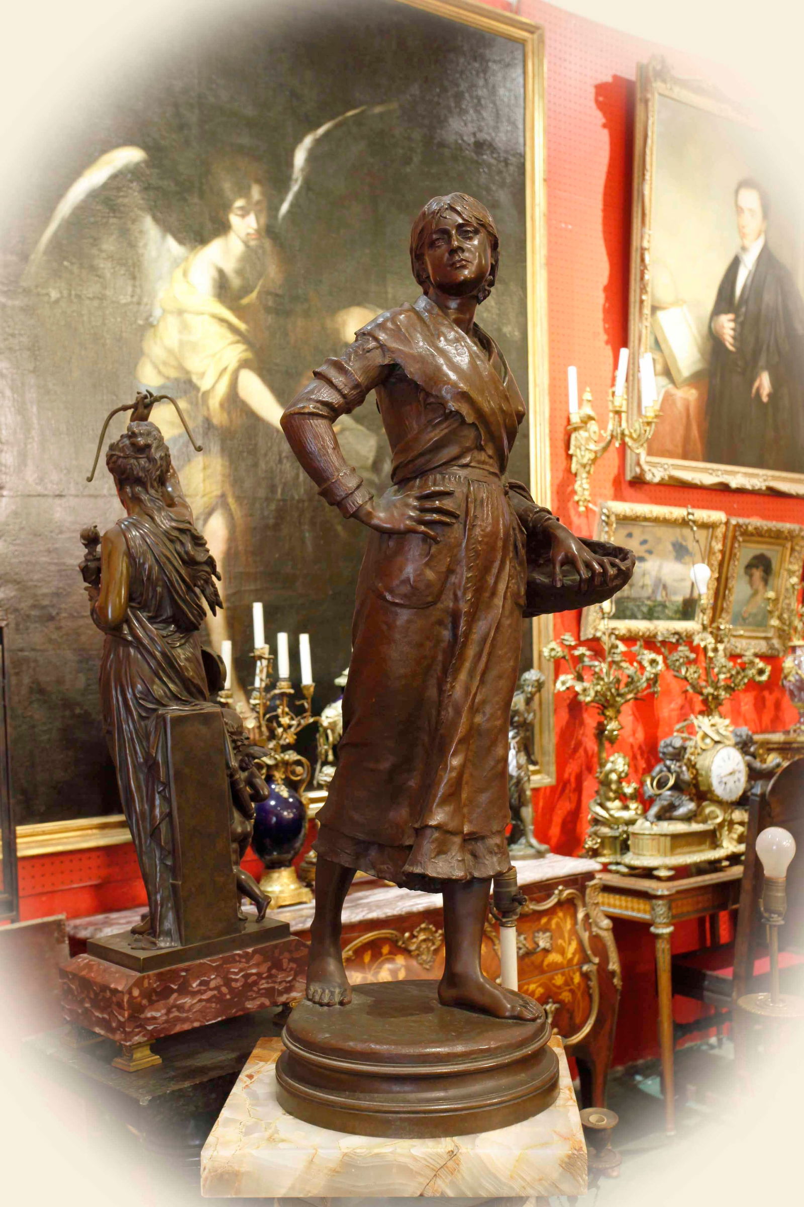 19th century brown patina bronze sculpture of woman with basket, signed E. Guilbert and foundry (1 of 9)