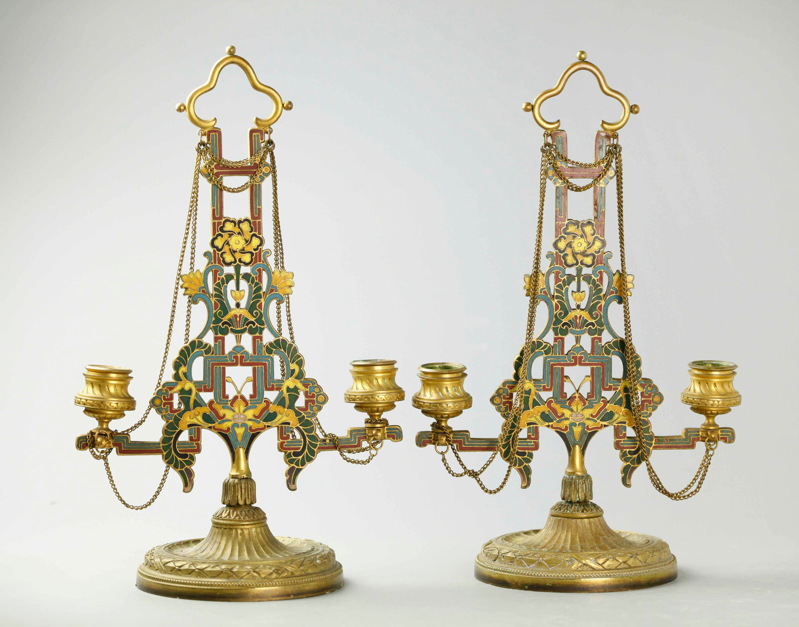 Pair of 19th century French gilt bronze and champleve enamel twin light candelabras (1 of 8)