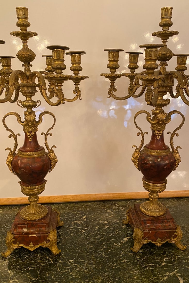 Pair of 19th century French rouge marble and Dore Bronze 7 arm candelabra (1 of 5)