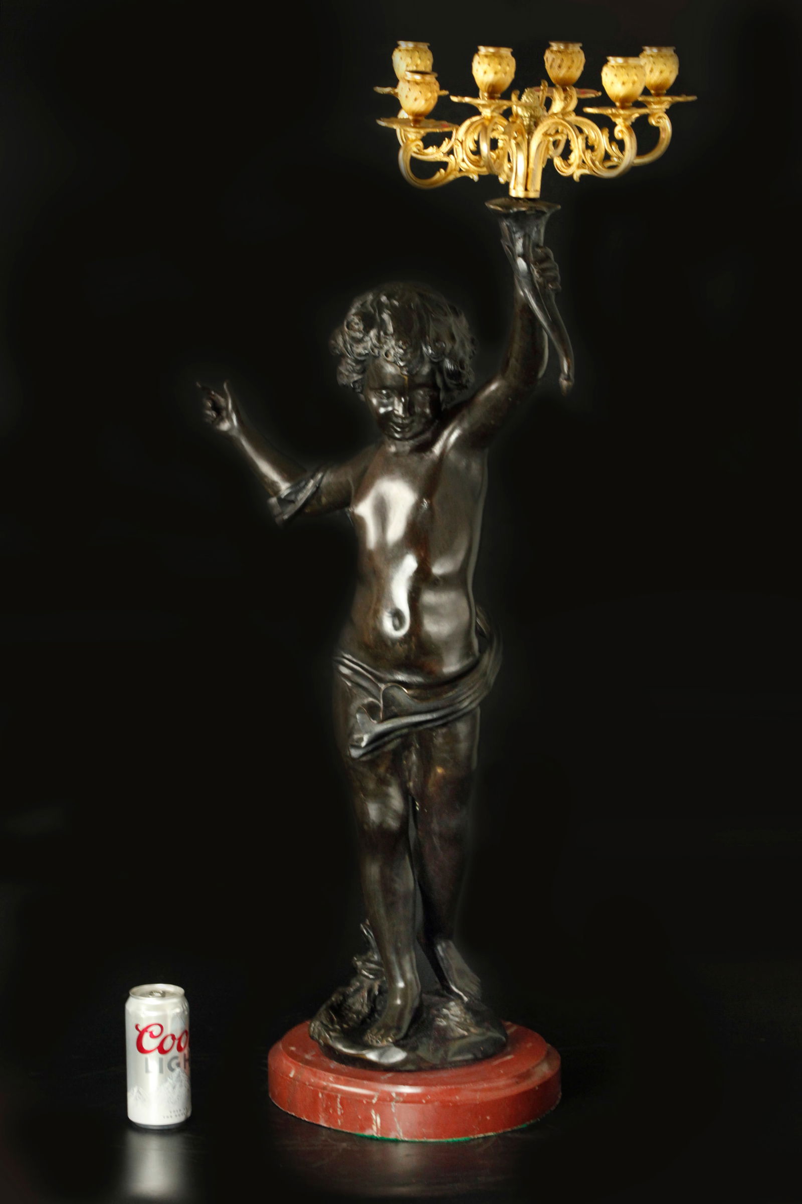 Large 19th century patinated bronze figural candelabra on the rouge marble base (1 of 15)