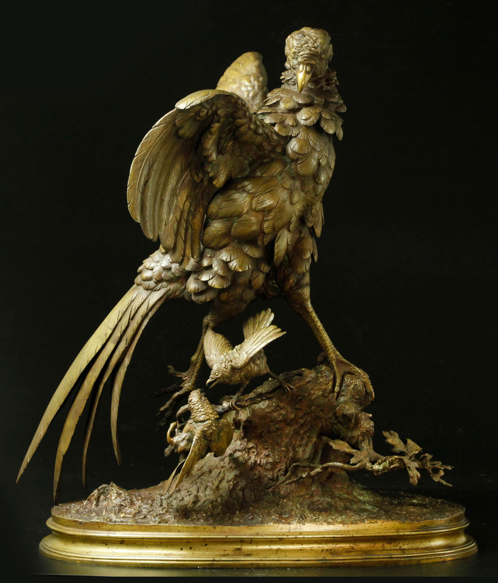 Large Ferdinand Pautrot (French, 1832-1874) bronze sculpture of pheasants, signed (1 of 7)