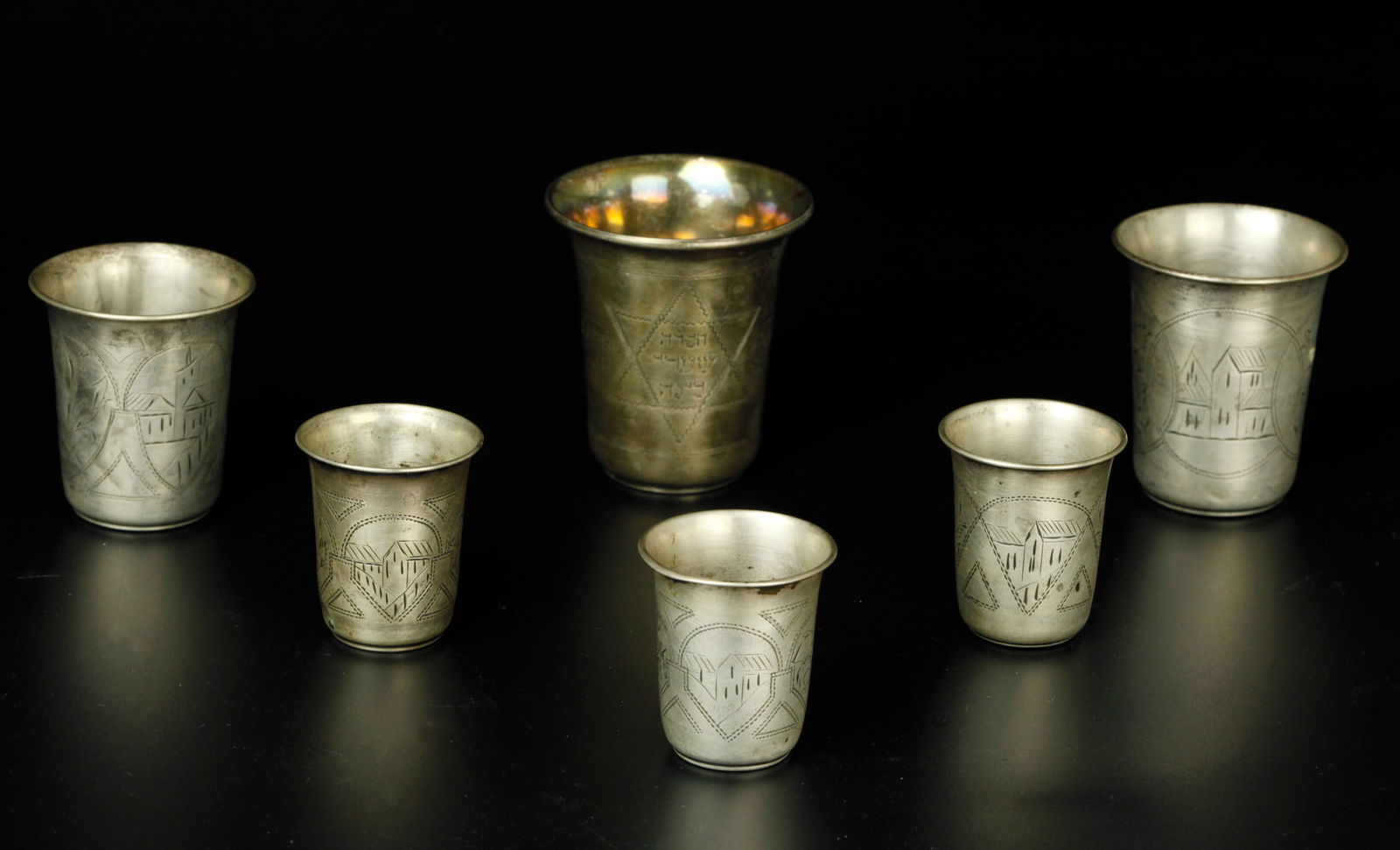 6 Antique Judaica Kiddush Cups, marked (1 of 5)