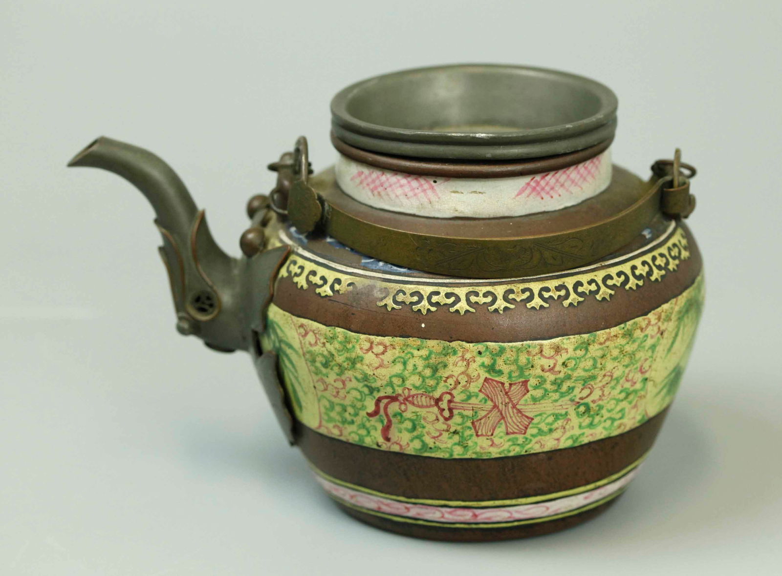 Antique Chinese iron and enameled teapot (1 of 3)