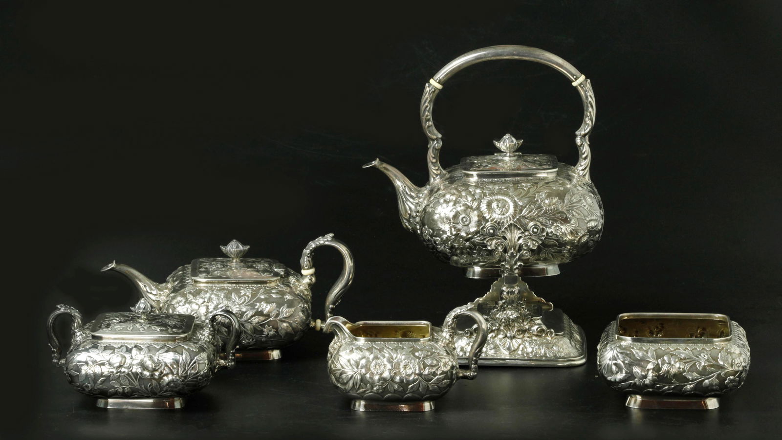 Large antique sterling silver tea/coffee set 5 pieces. marked "THEODORE B.STARR.N.Y. STERLING 474" (1 of 9)