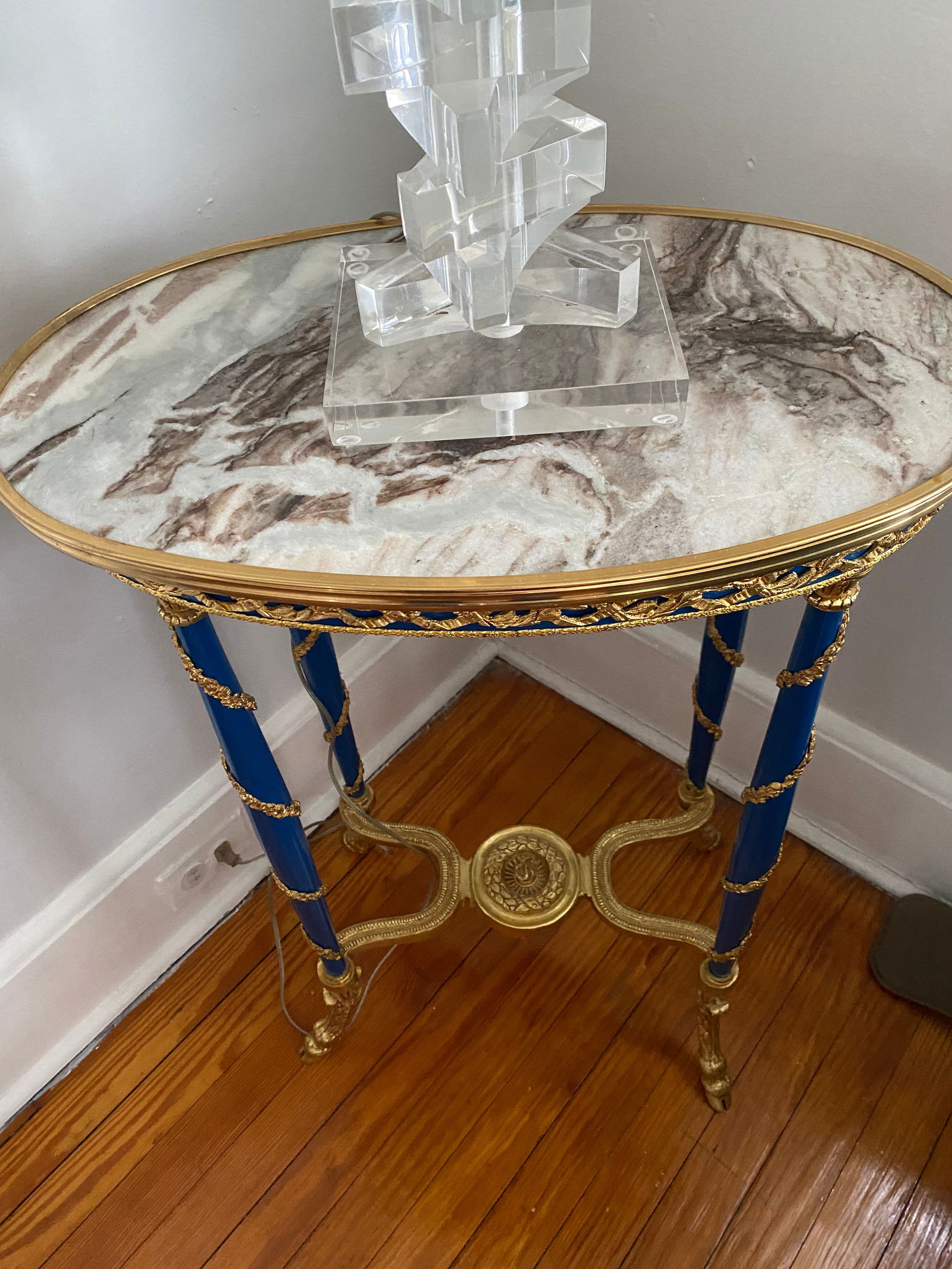 Pair of French Xvi gilt bronze mounted blued steel and fleur depecher marble top gueridon (1 of 4)