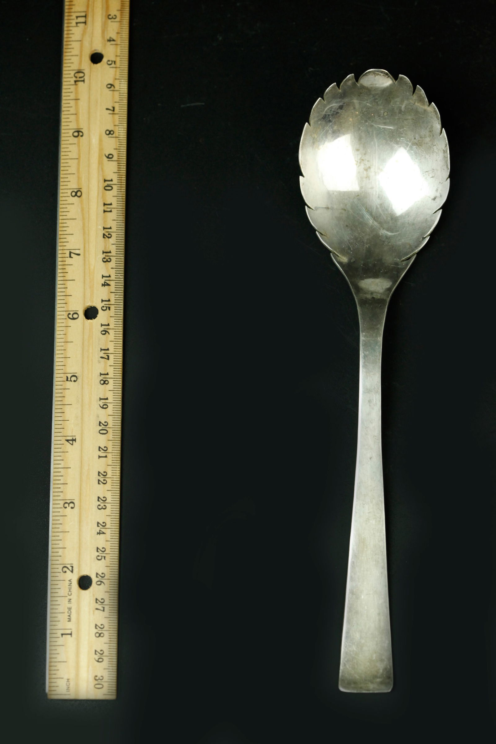 Large EM Hand wrought sterling silver spoon, marked (1 of 4)