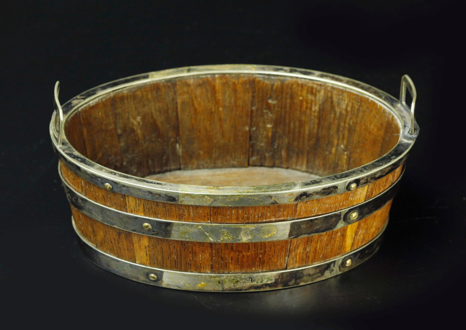 Vintage bamboo and silver barrel with handle, marked: Vintage bamboo and silver barrel with handle, marked. W: 6.25 inches, H:3 inches? D: 4.5 inches