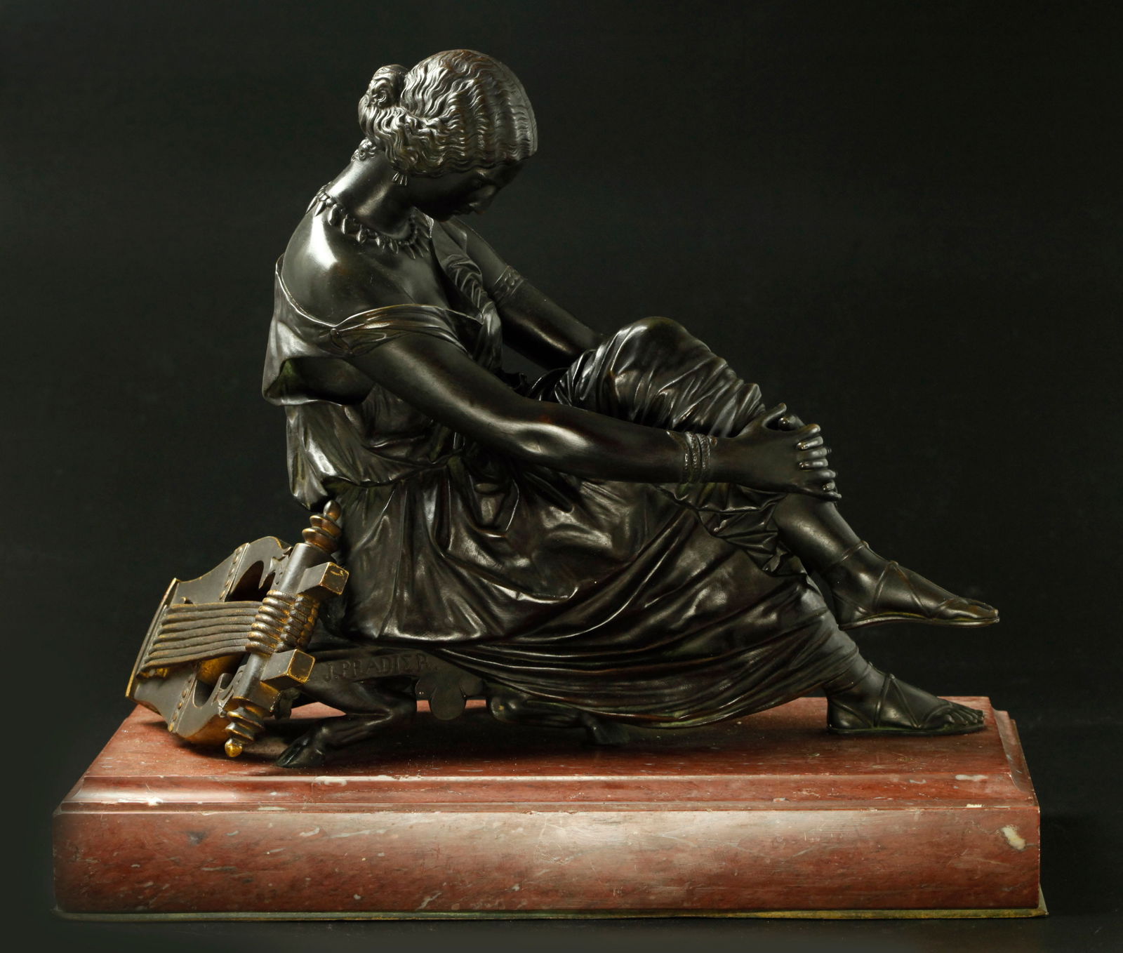 19th century bronze sculpture of Sappho on rouge marble base by James Pradier, signed (1 of 7)