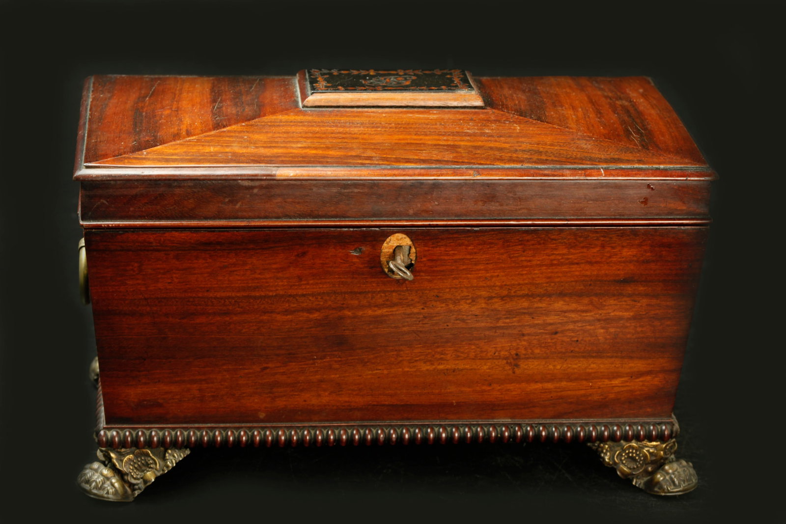Antique English rooswood tea caddy with inlay: Antique English rooswood tea caddy with inlay, W: 13 inches. H: 7.5 inches