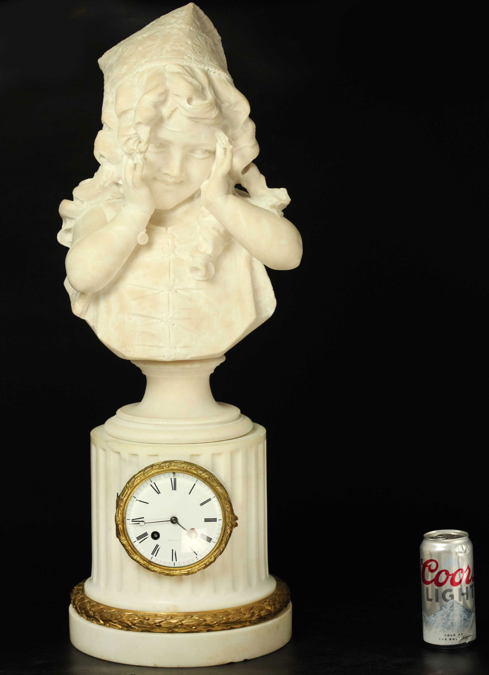 Antique marble mantel clock with Italian antique alabaster bust of a young girl by Emilio Fiaschi: Antique marble mantel clock with Italian antique alabaster bust of a young girl by Emilio Fiaschi (1858-1941), signed, working condition, W: 13 inches, D: 11 inches, H: 30 inches