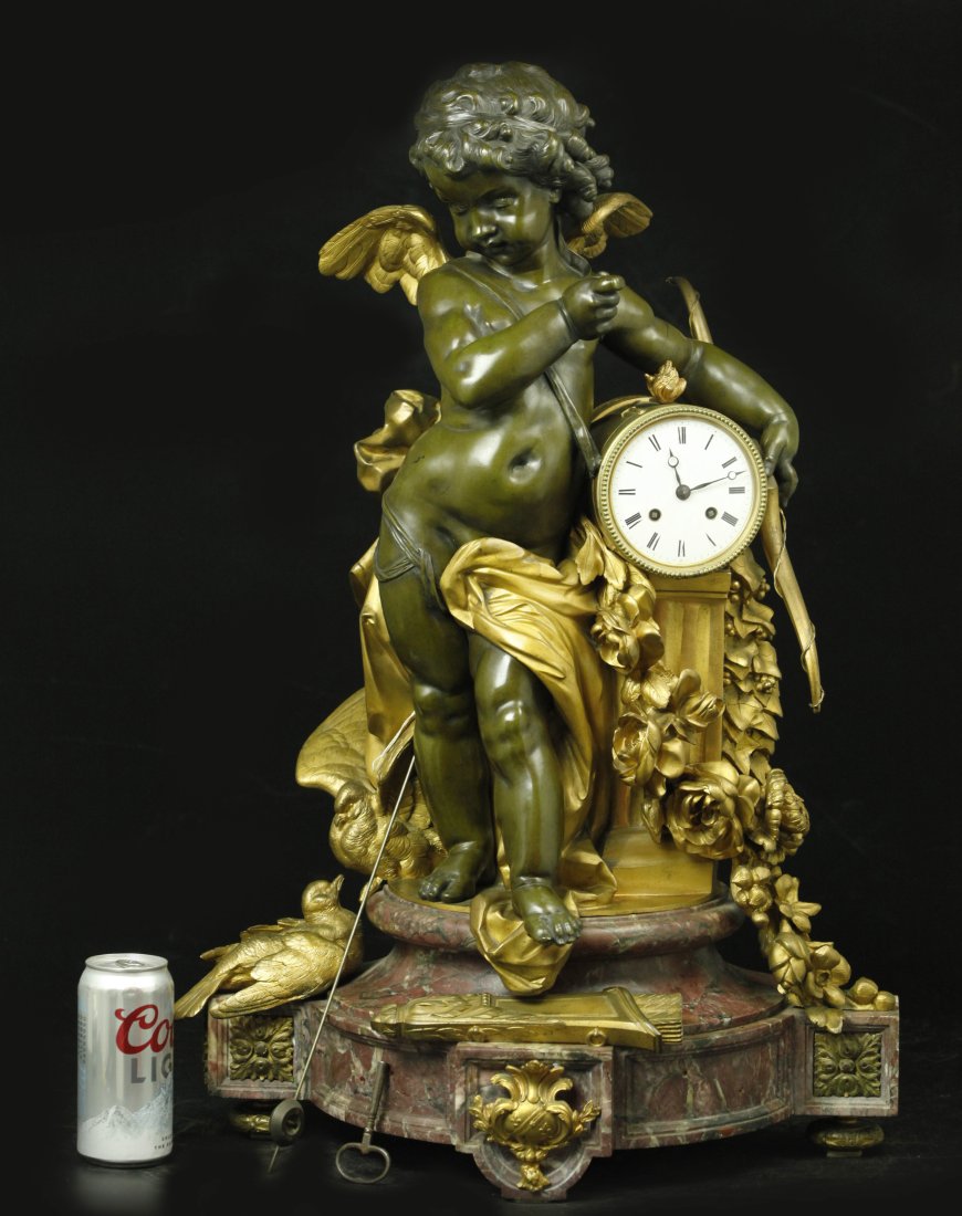 Gilded and patinated large bronze and marble Cupid clock (1 of 7)