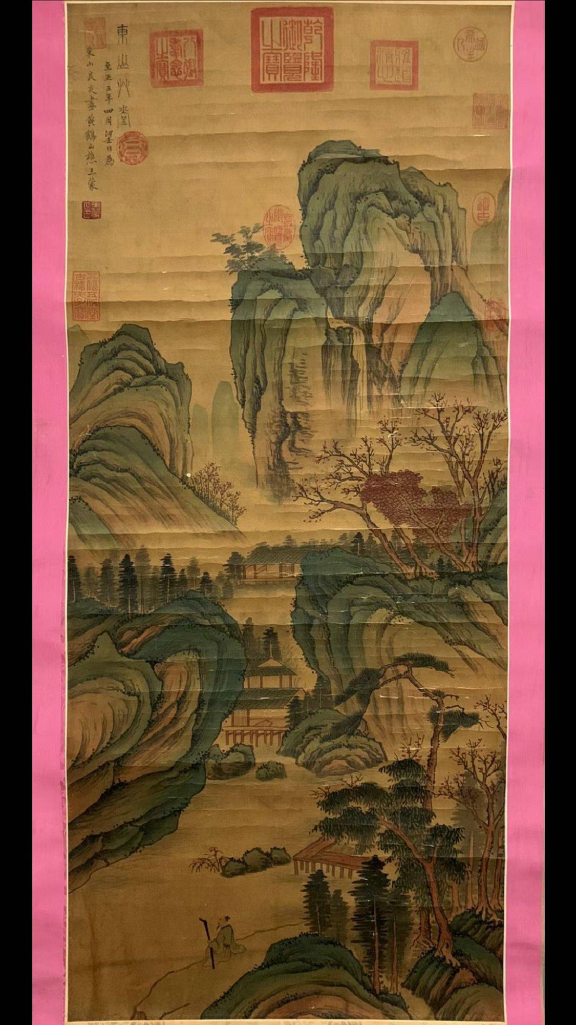 chinese silk painting of landscape by wang meng: 92, W:47