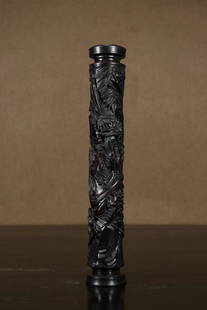 A Rosewood Character Story Pattern Canister Chinese Qing Dynasty: Size:22.2cmx3.4cm