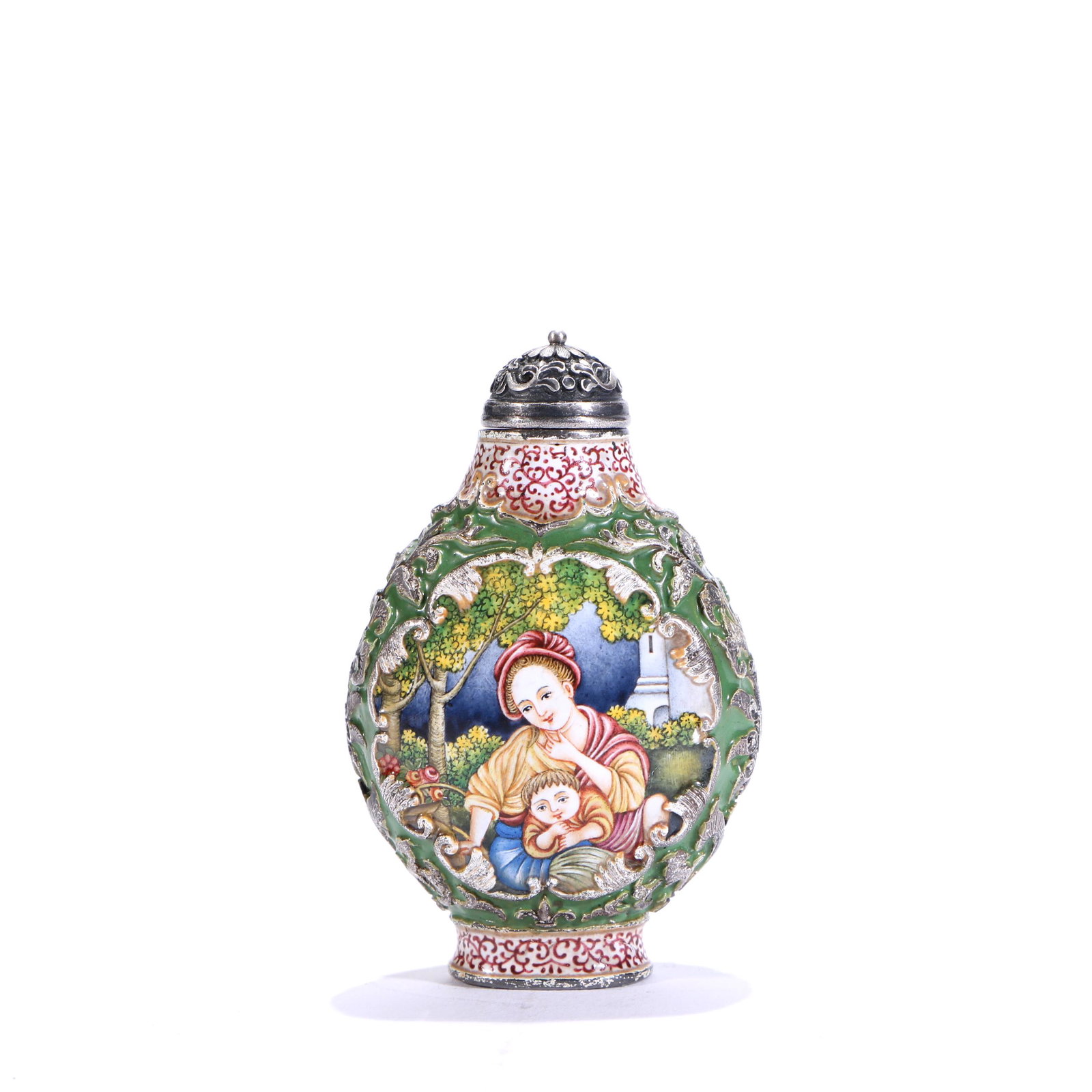 Bronze painted enamel snuff bottle: 6cm high