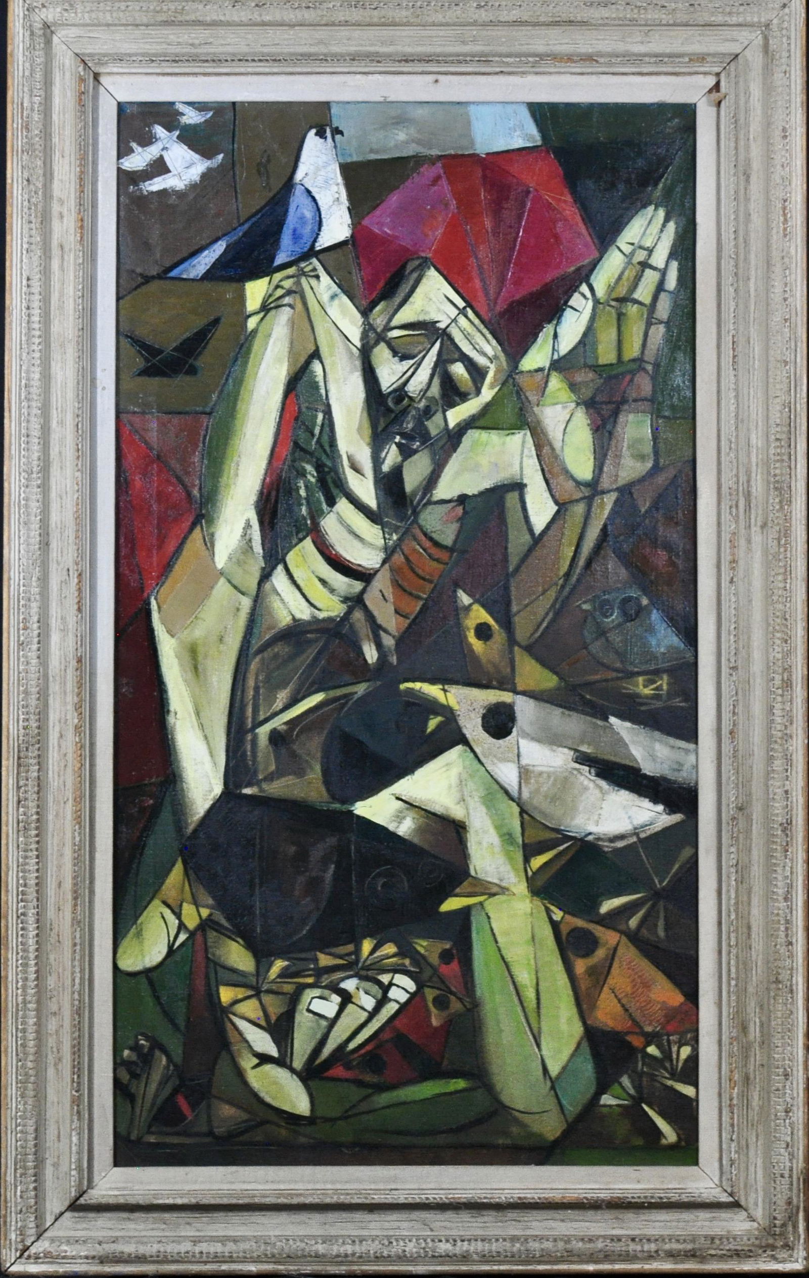 Roberto Ossaye, Abstract painting, Guatamalan artist: "The Sermon", SLR, oil on canvas, 36 x 20, 42 x 26 1/2"Guatemalan painter. He was born on January 11, 1927 and died at the wrong time on June 8, 1954. He made his first studies at the Academy of Fine