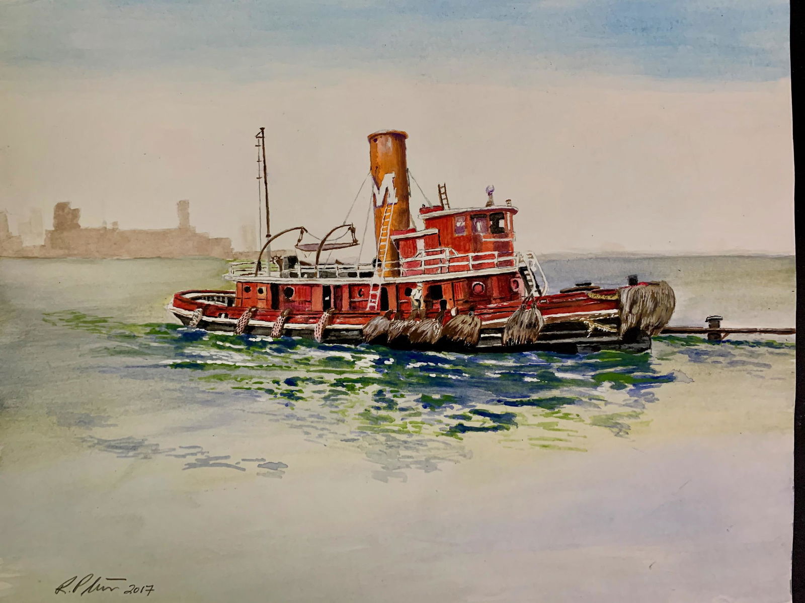 Tugboat, illegible signature, watercolor: Tugboat, illegible signature, watercolor