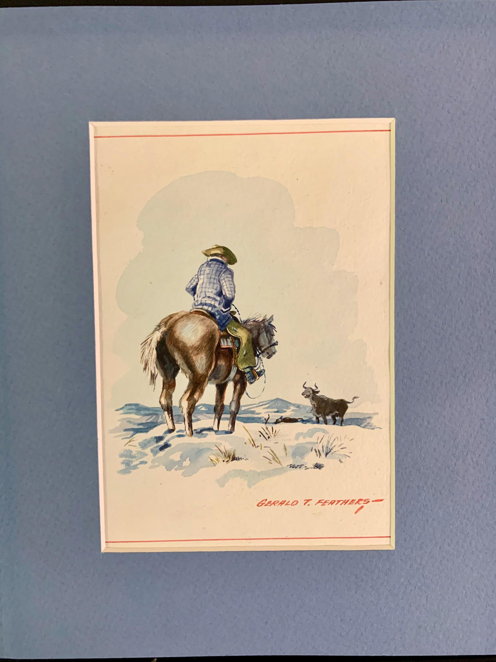 Gerald Tailfeathers, American Artist, signed: Gerald Tailfeathers, American Artist, signed watercolor, sight size, 6 1/2 x 4 1/2",Gerald Tailfeathers was born in Stand Off, Alberta[1] to Minor Chief Sakoyena Tailfeathers and Estochomachi Bamberry