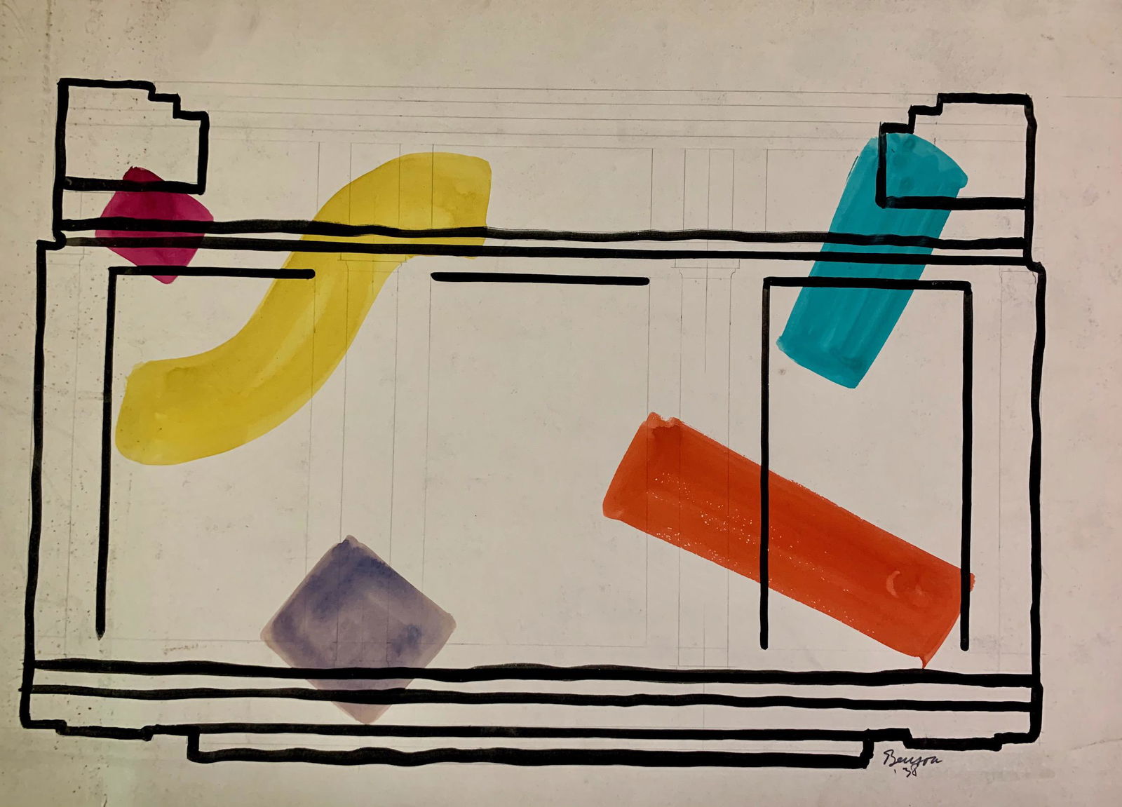 John William Benson American Artist Abstract work: John William Birger Benson (1904-1978), American Artist, Abstract Expressionist work, pre-war modernism, signed mixed-media, sheet size, 15 x 22 1/8", Exhibited with: Kennedy Galleries, New York, NY,