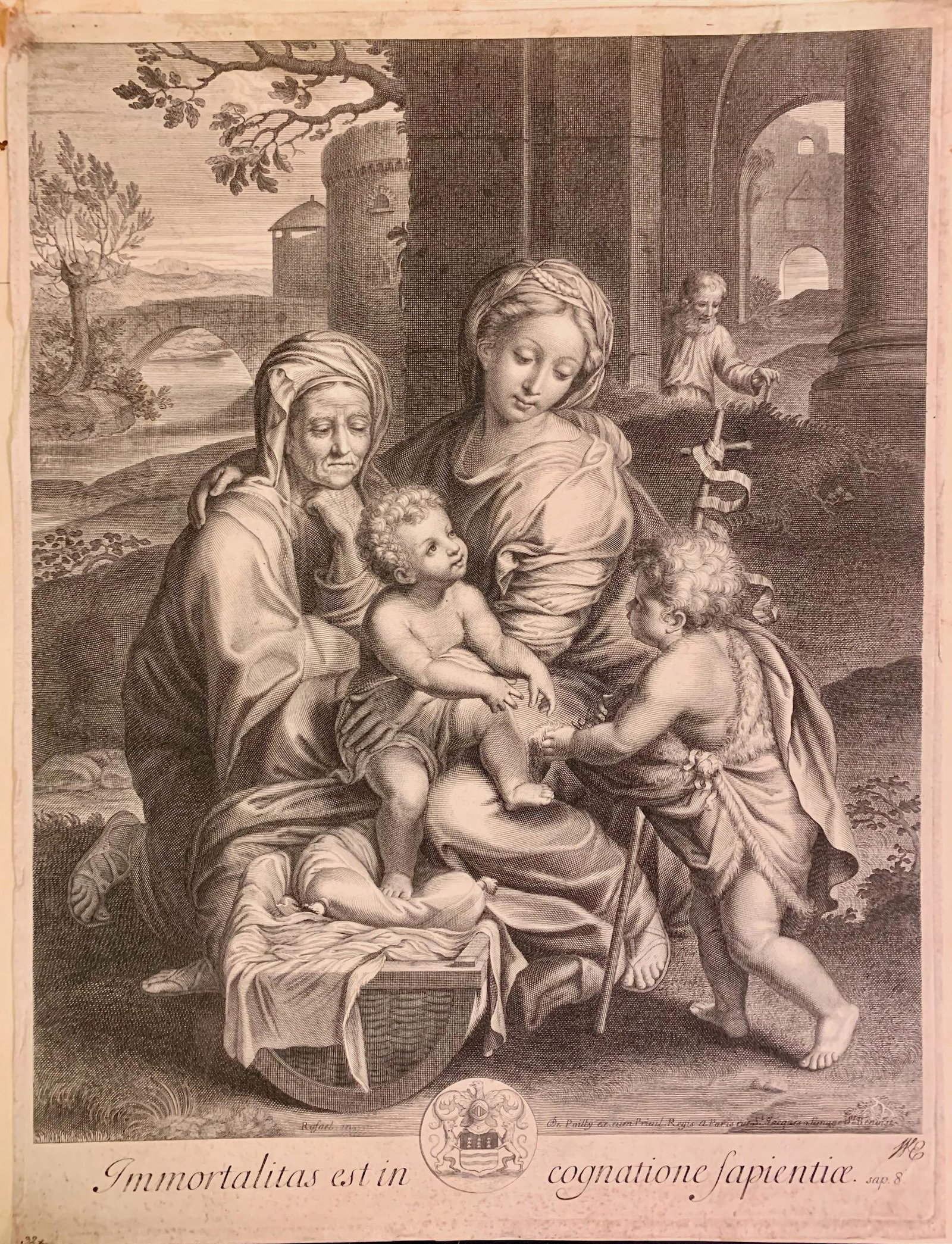 Old Master engraving, Francois de Poilly: Old Master engraving, image size including text, 16 x 12" Francois de Poilly (1623 - 1693), After Raphael "Immortalitas est in Cognatione Sapientice". Poilly was born in Abbeville , the son of a golds