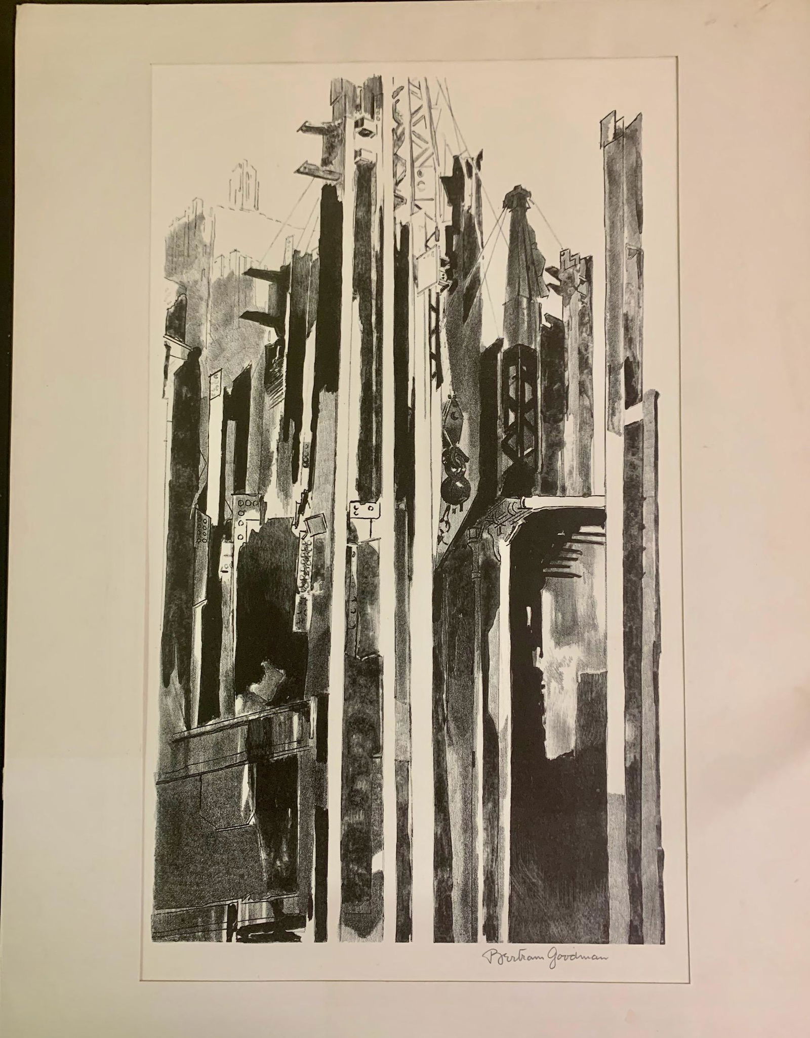 Bertram Goodman, American Artist, city scene: Bertram Goodman (1904-1988), American Artist, sight size 15 x 8 1/2", city scene, "Steel Forest". Bertram Goodman was a native of New York City, where he received his formal art education at the Art S