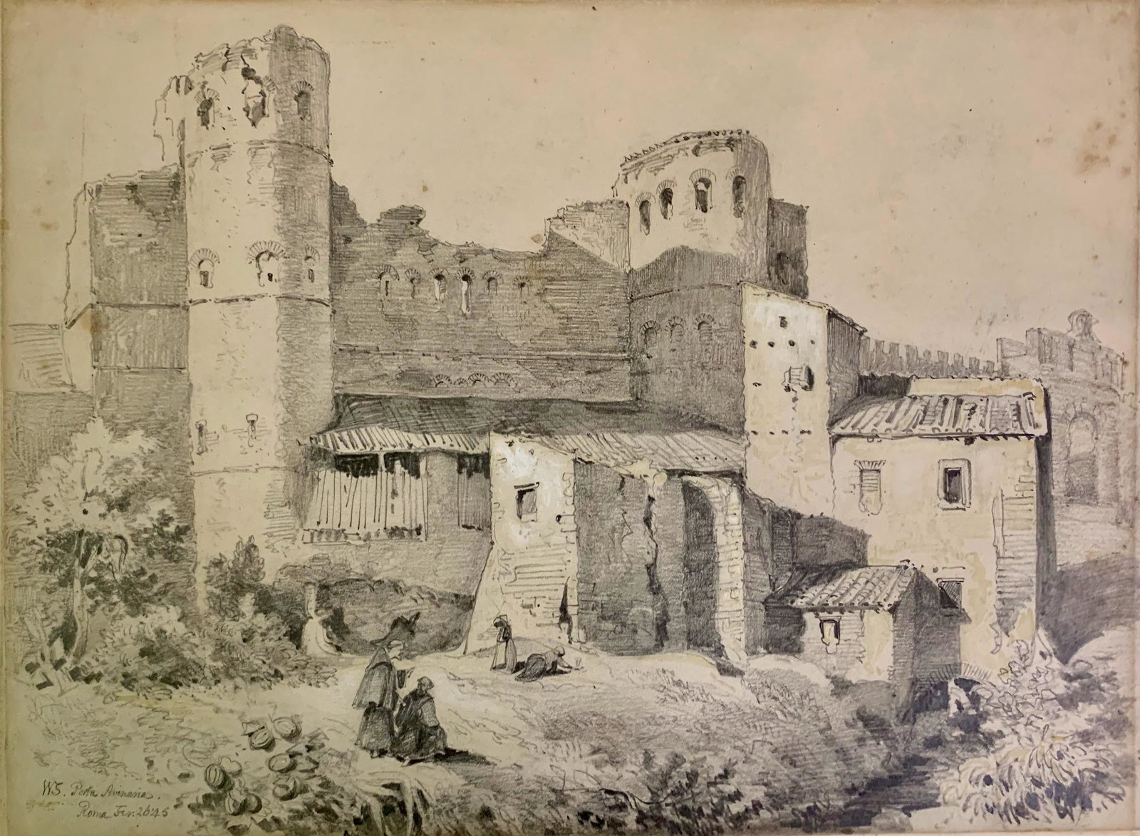 Graphite drawing, Roma, 1845, Initialed, "W.S.": Graphite drawing, Roma, 1845, image size 10 x 14", Initialed, hand colored "W.S."