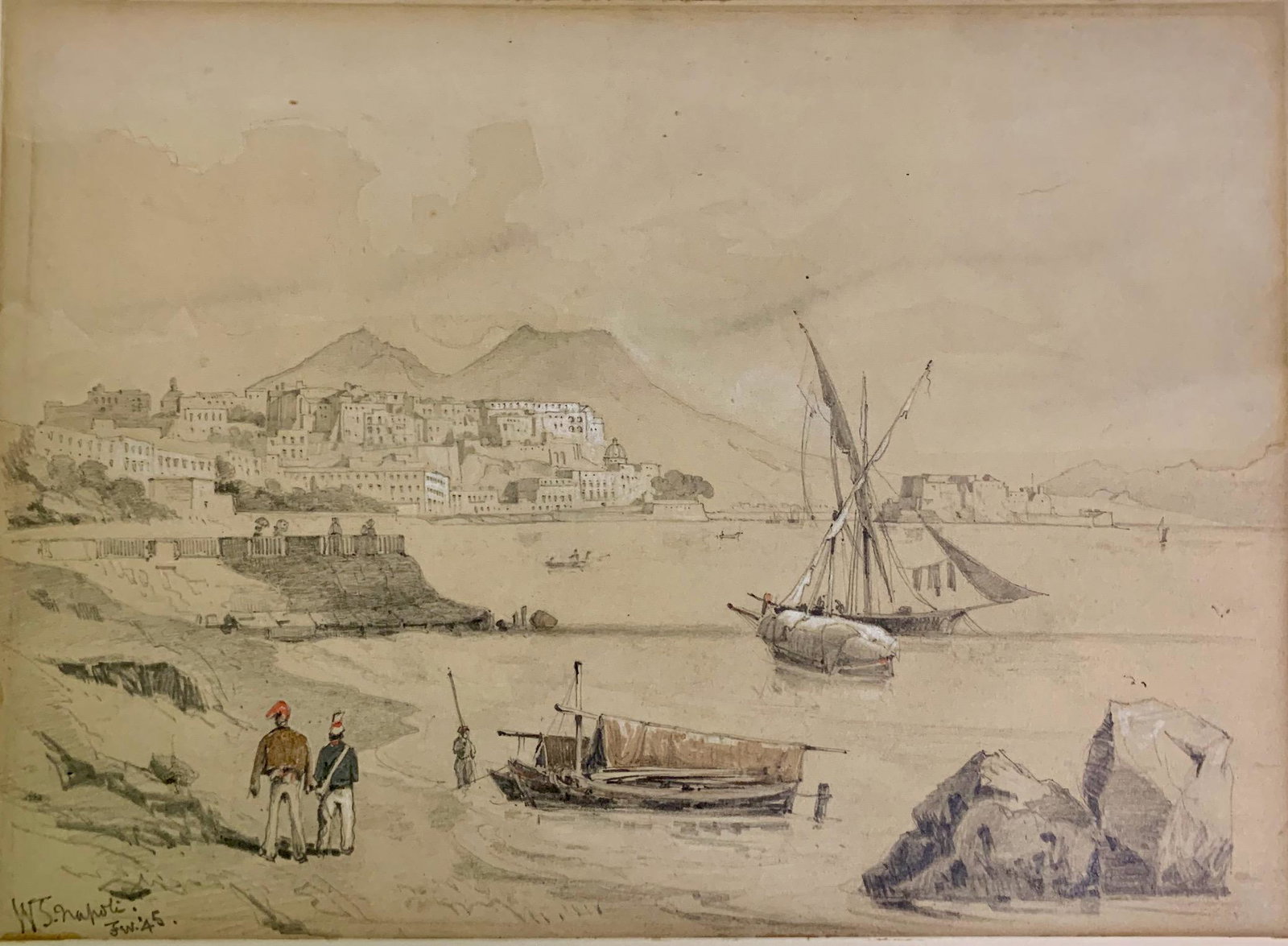 Graphite drawing, Napoli, 1845, Initialed, "W.S.": Graphite drawing, Napoli, 1845, Initialed,image size, 10 x 14", hand colored "W.S."