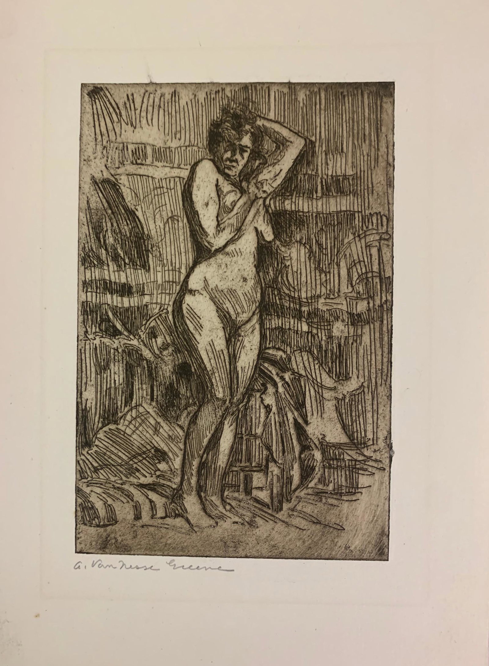 Albert Van Nesse Greene, American, Etching Signed: Albert Van Nesse Greene, American Artist, Etching, image size, 6 x 4", Female Nude, Signed