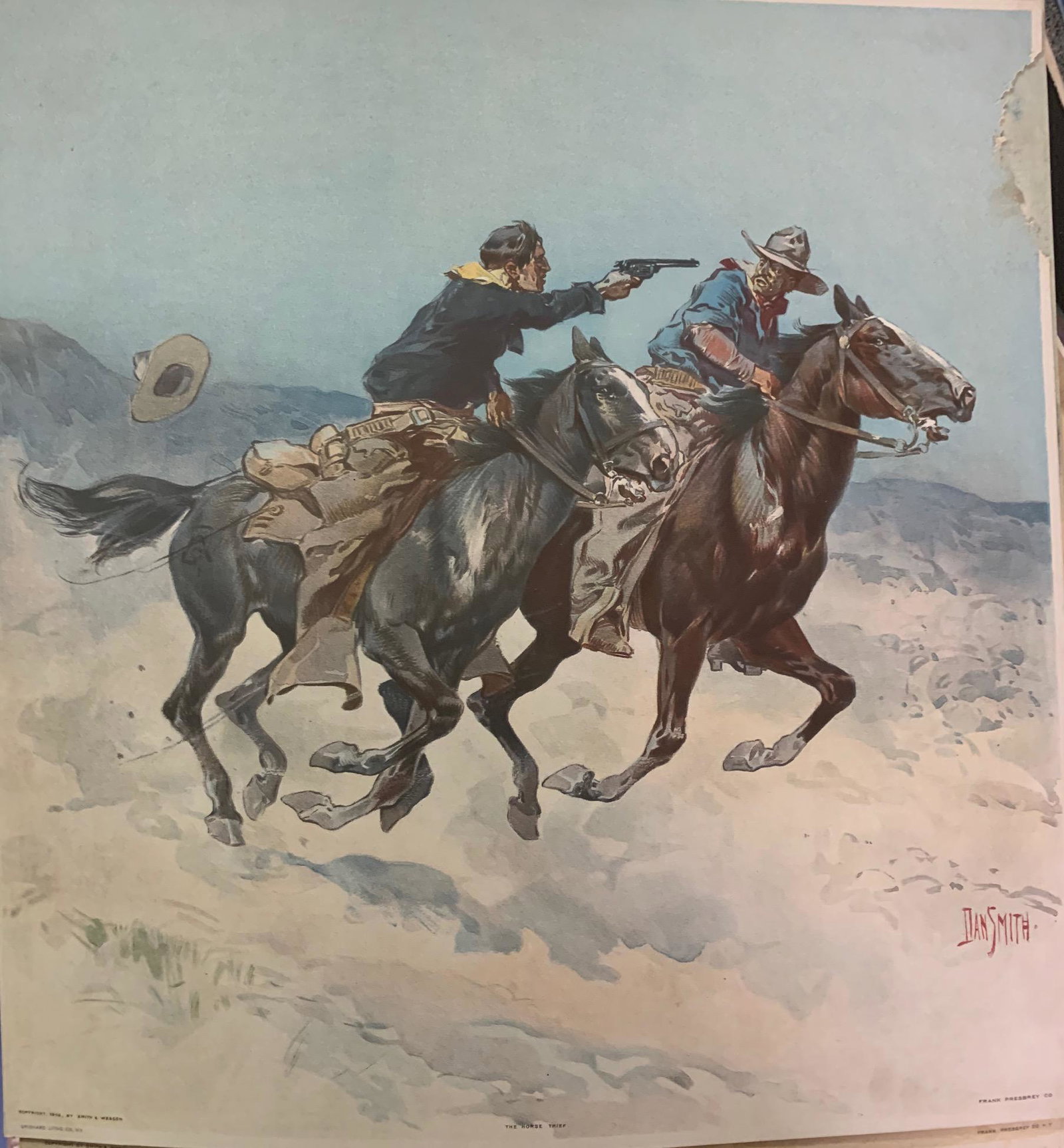 Dan Smith, American Artist, Smith and Wesson: Dan Smith, American Artist, Smith and Wesson, Frank Presbrey, Grignard Litho Co., sheet size, 15 x 14 1/2", New York. 1902