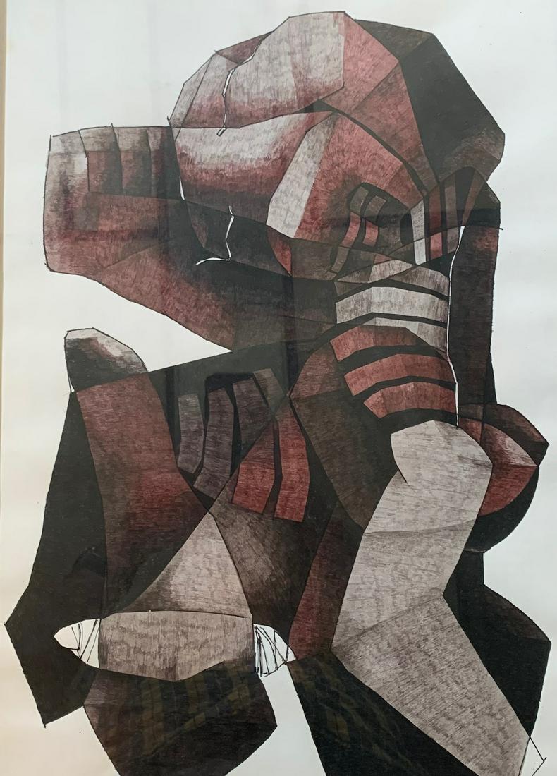 Leonard Matsoso, South African artist ,ink signed: Leonard Matsoso, South African artist, pen and ink, sight size, 21 3/4 x 14 1/4", signed, both images have slid down the mat inside the frame. Condition on both are excellent and are both signed,1977.