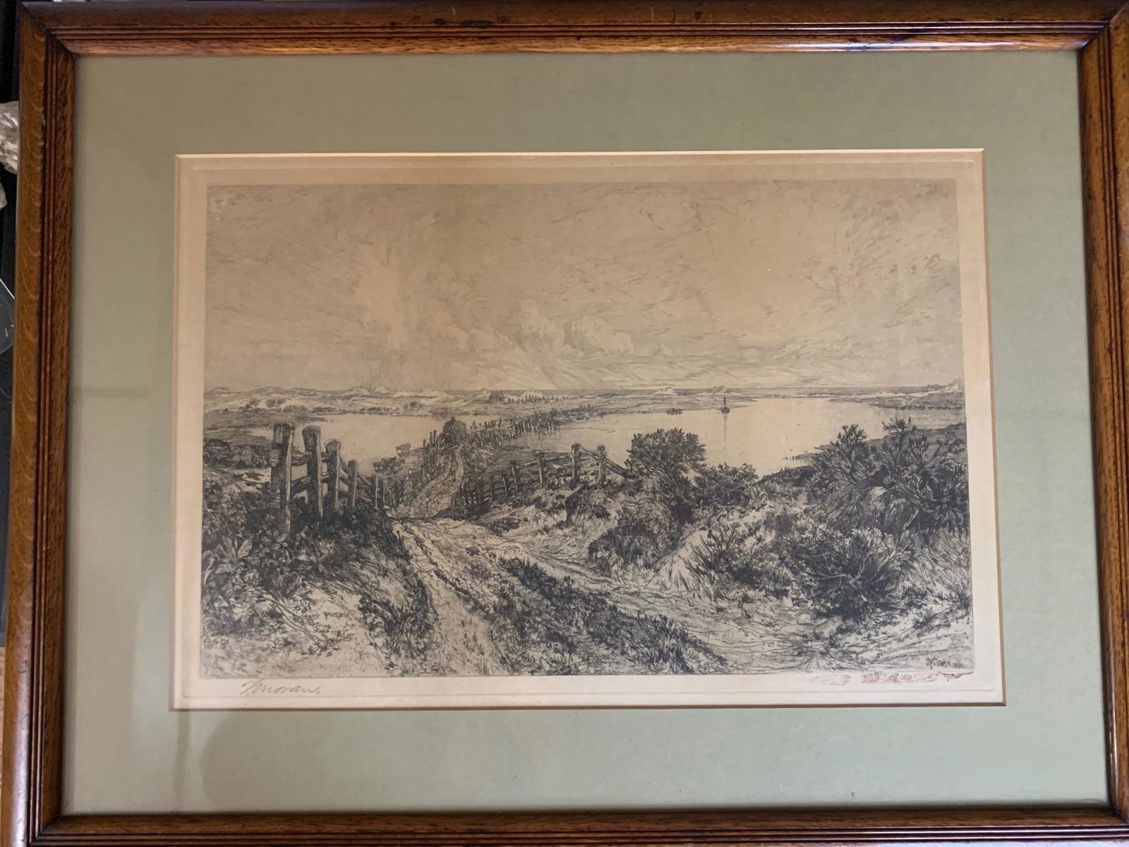 Thomas Moran, American Artist, Etching, Signed: The photos from 6 on are ones that are of the print out of the frame and not under glass.It is not laid down and has full margins. Thomas Moran, American Artist, Etching, Morning, Signed,.Morning. Etc