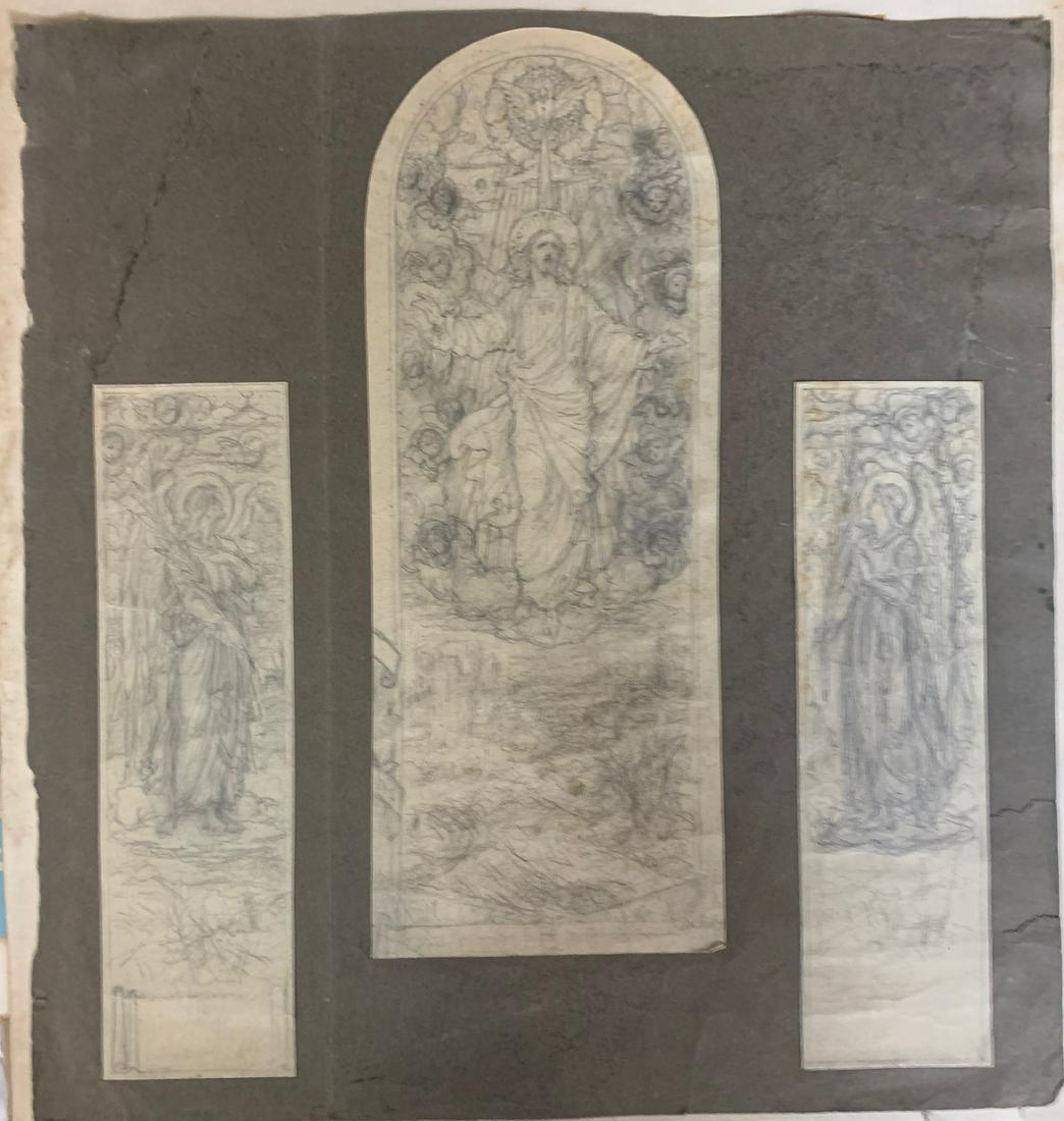 Dante Gabriel Rossetti, Pre-Raphaelite, British: Dante Gabriel Rossetti, Pre-Raphaelite, British Artist, design for stain glass windows, graphite, image size, middle panel, 12 3/4 x 4 3/4", side panels, 9 1/2 x 2 3/4", provenance, Old Print Shop, Ne