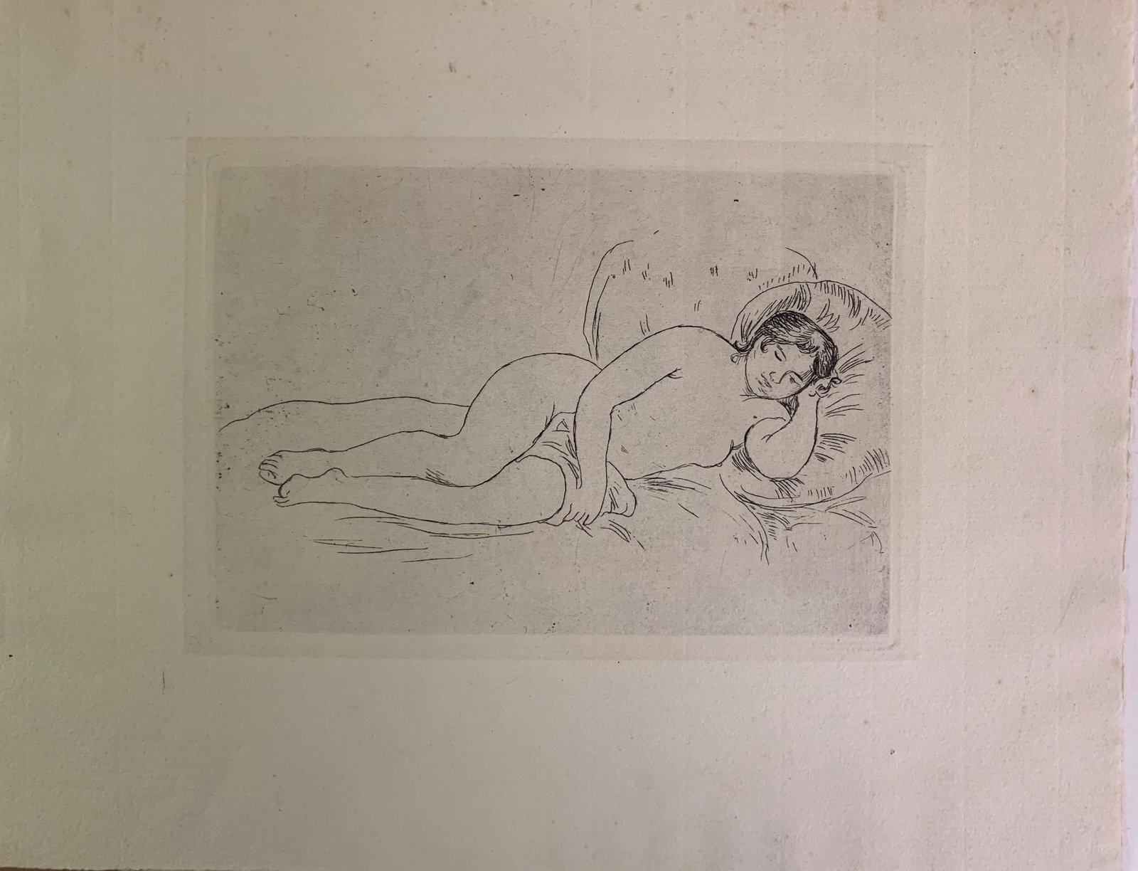 Pierre-Auguste Renoir, French Artist, etching: Pierre-Auguste Renoir, French Artist, etching, image size, 5 1/2 x 7 3/4", "Nude Reclining Woman", c.1906