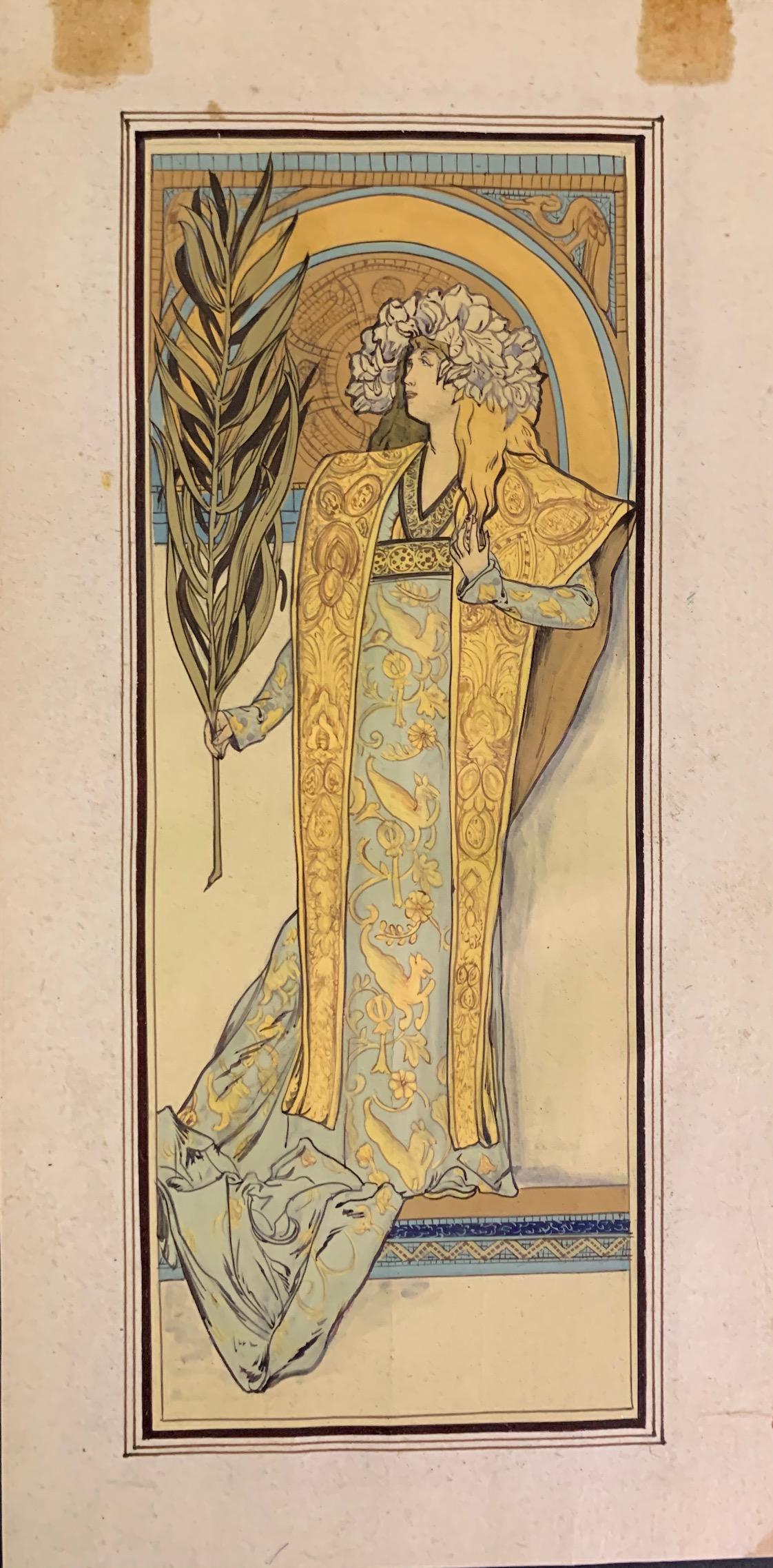 Alphonse Mucha, Czech Artist, gouache art nouveau: Alphonse Mucha, Czech Artist, gouache, image size 9 x 4", art nouveau. We believe that this is a preparitory study for a Sarah Bernhardt poster. We believe this is by the artist and not a copy because