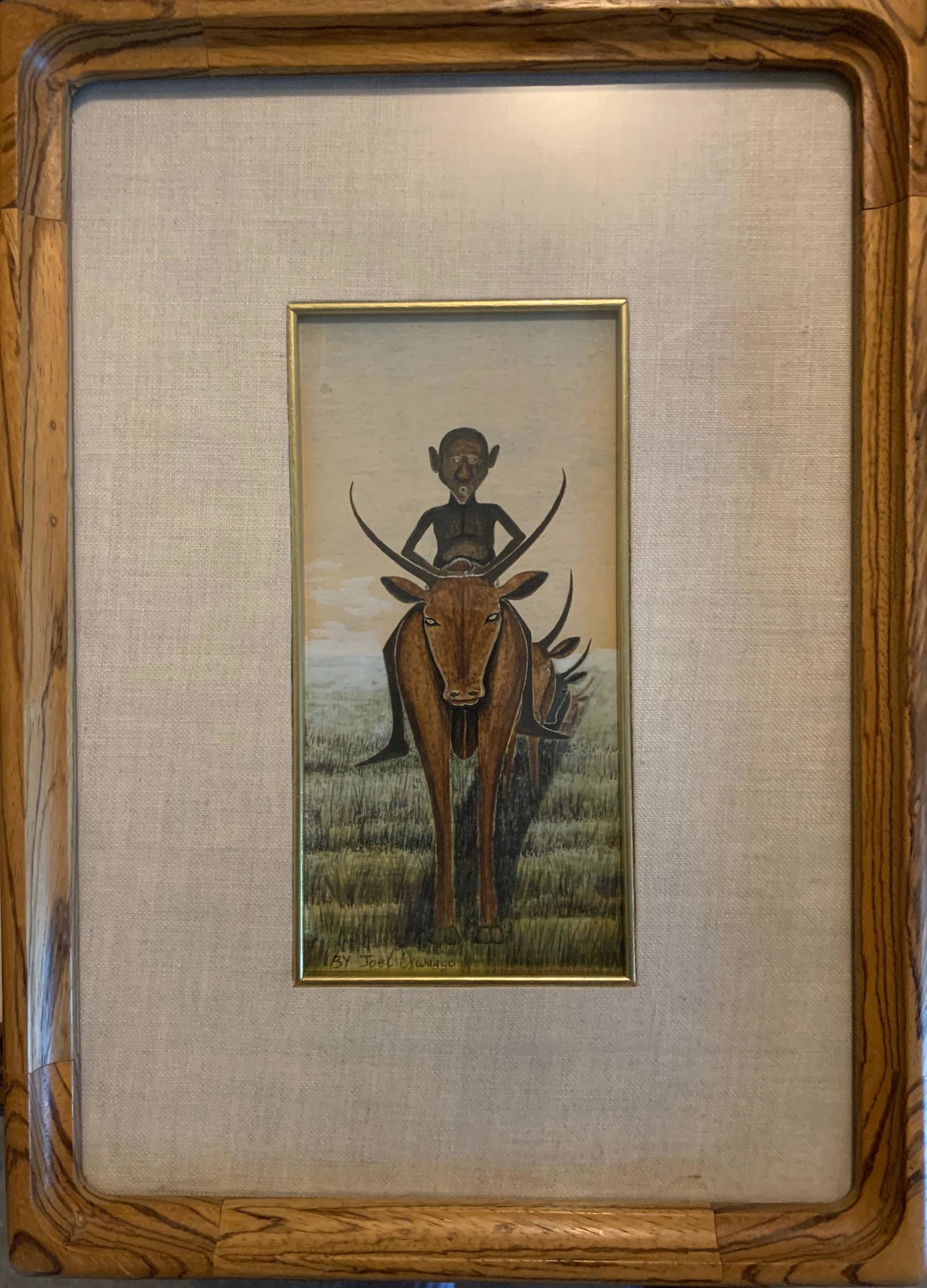 Joel Oswaggo, African Artist, drawing, signed: Joel Oswaggo, African Artist, colored pencil drawing, 8 1/4 x 4", signed Joel Oswaggo was born in 1944 in Kamagambo, South Nyanza, Kenya. He belongs to an earlier generation of self-taught pioneers in