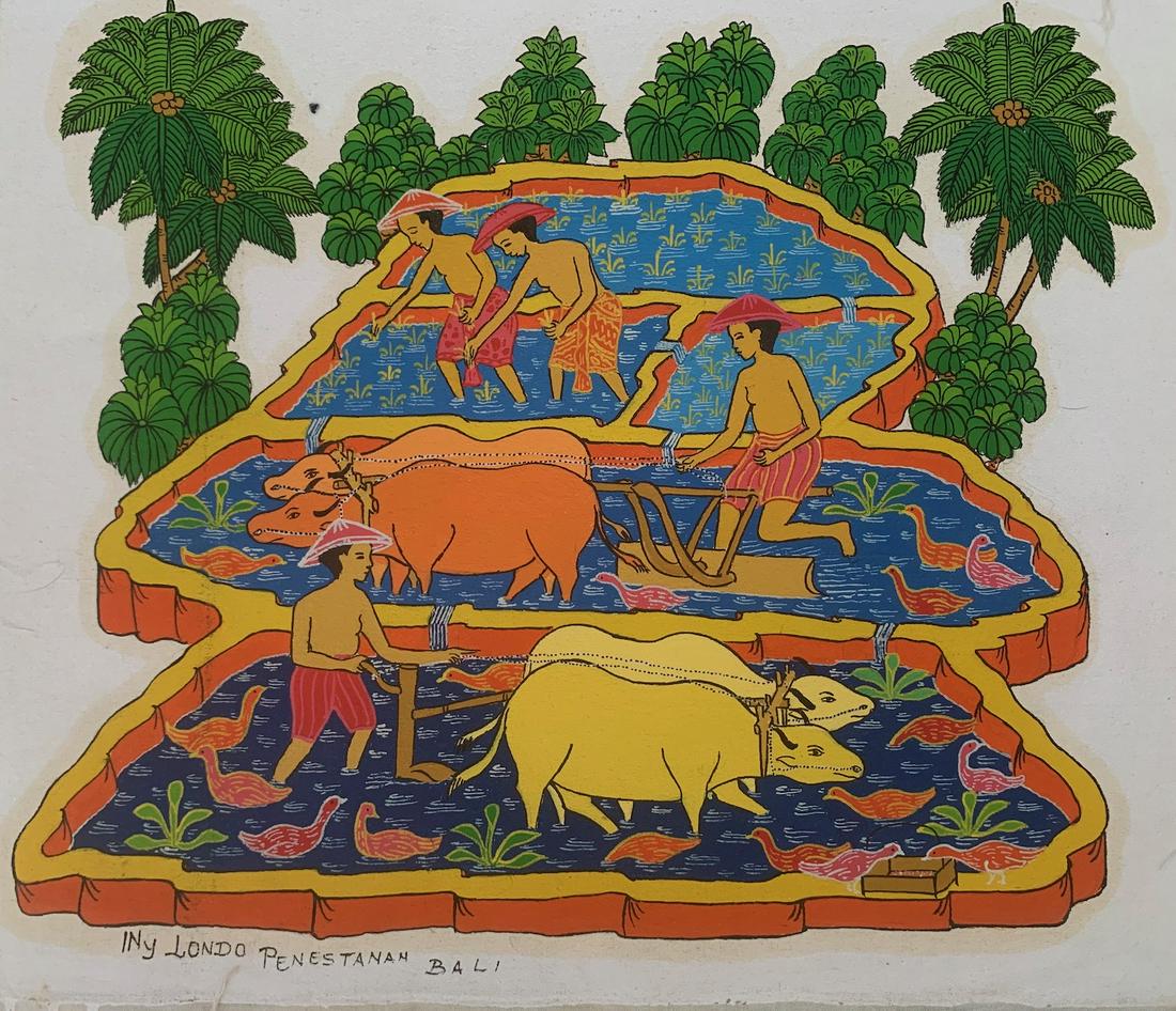 Balinese, oil painting, Londo, young artist: I Nyoman Londo, oil on canvas, signed, 14 x 17 1/2", Balinese, Young Artist School. For much of the late 1940's and 50's Indonesia as a whole laid aside art for politics. A new burst of creative energ